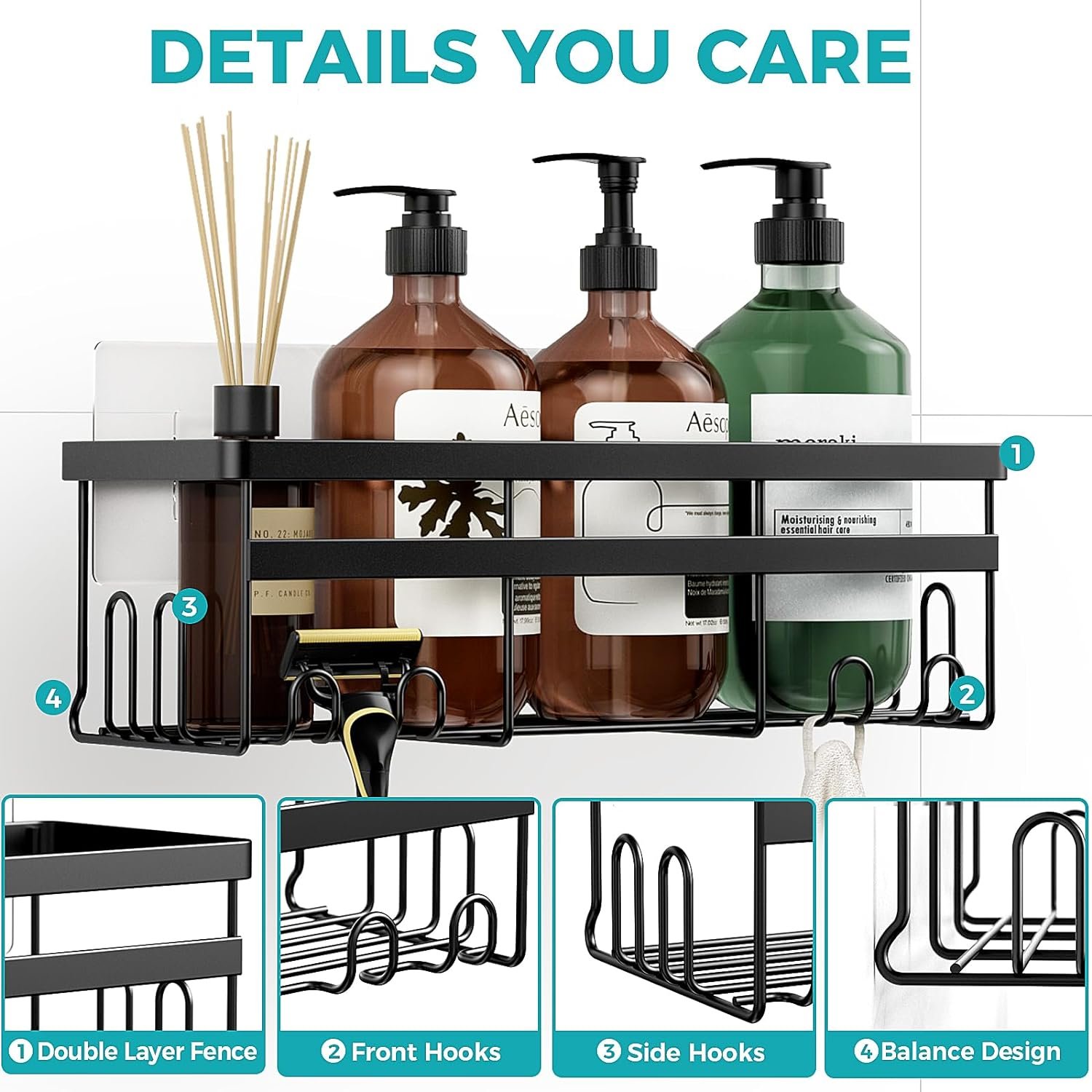 HomeHacks Shower Caddy, 3-Pack with Soap Holder, No Drilling Rustproof Organizer with Save Space Hooks, Apartment Essentials for Bathroom, Kitchen & Living Room, Shelf for Inside Shower - Image 5