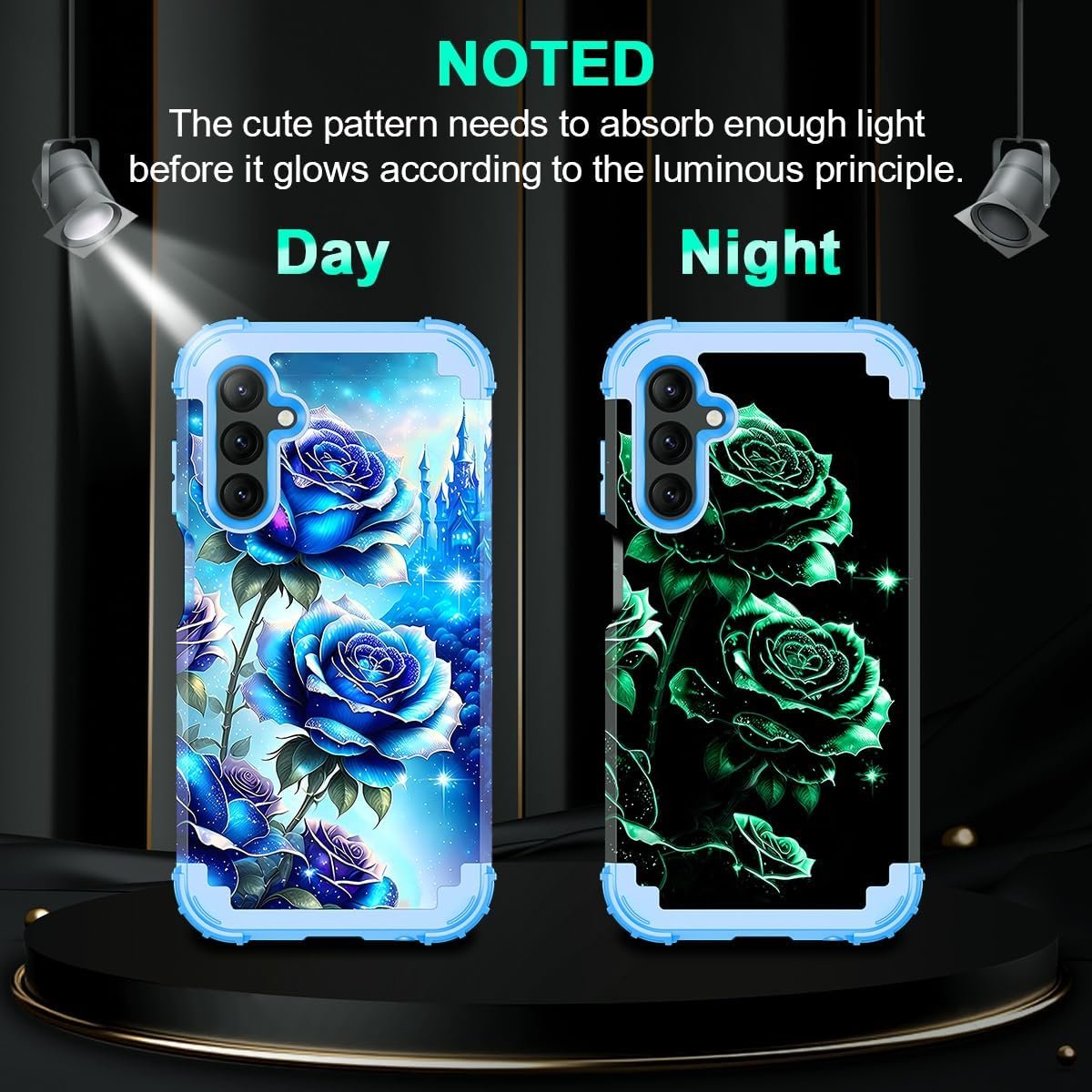 Miqala for Galaxy A14 5G Case with 2 Tempered Glass Screen Protector,Glow in The Dark Three Layer Shockproof Protective Case for Samsung Galaxy A14 5G,Blue Rose - Image 3