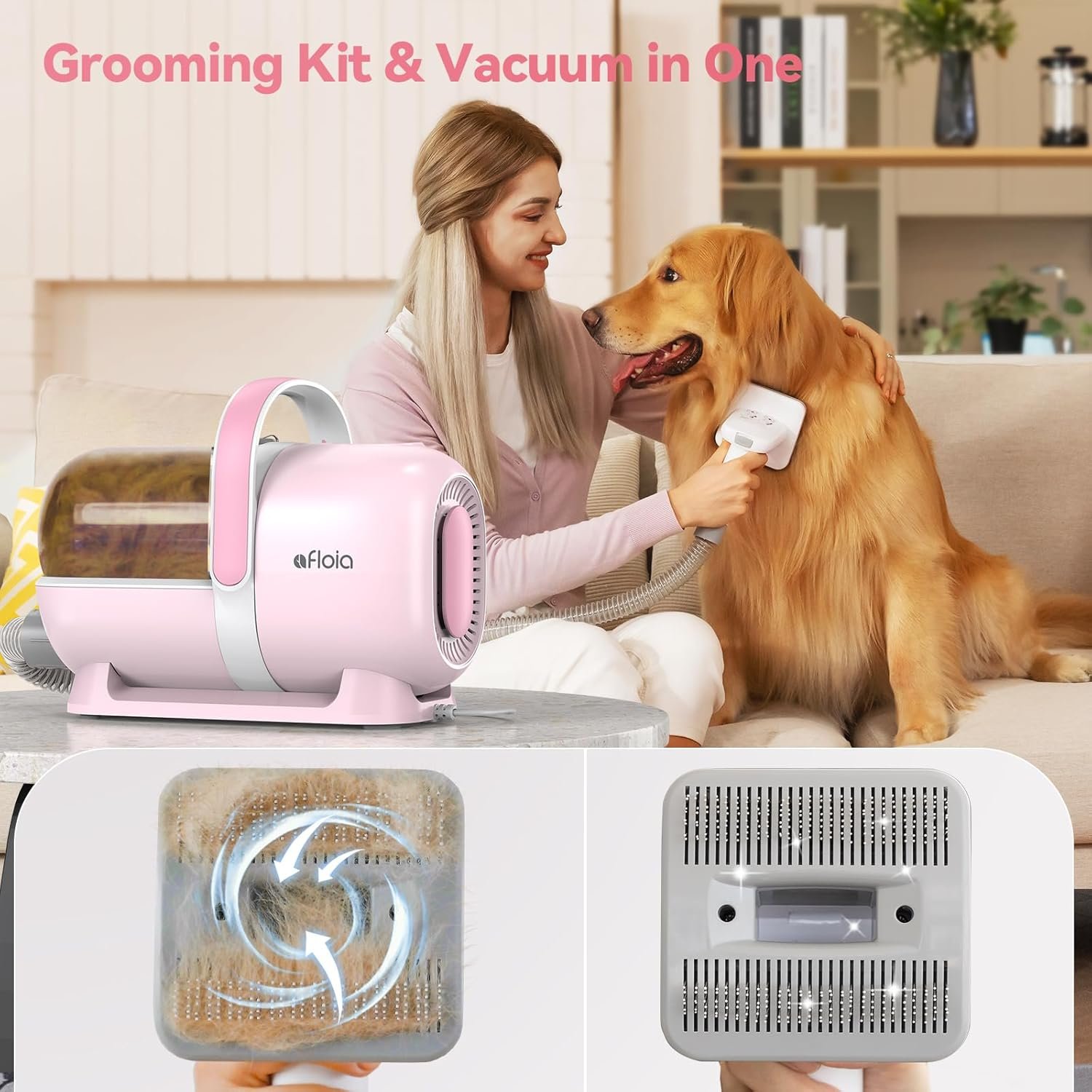 Afloia Dog Grooming Kit, Pet Grooming Vacuum & Dog Clippers & Dog Brush for Shedding with 5 Pet Grooming Tools, Low Noise Dog Hair Remover Pet Grooming Supplies for Dog Cat, Pink - Image 3