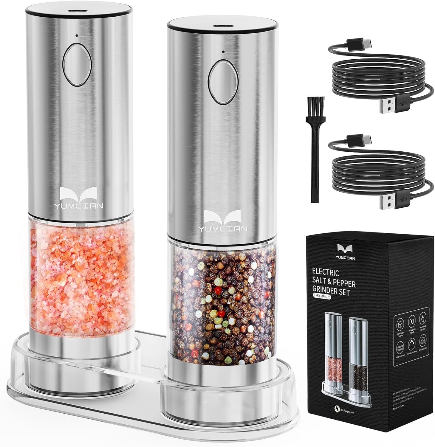 Rechargeable Salt and Pepper Grinder Set, Yumcian Stainless Steel Automatic Salt and Pepper Grinder Mill, Electric Pepper Shakers Set with Adjustable Coarseness and LED Light, Upgraded Larger Capacity - Image 2