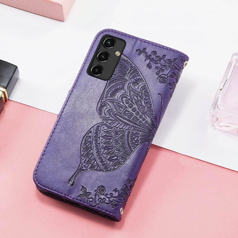 for Galaxy A14 5G Phone Case Wallet,Women Flip Folio Cover with Credit Card Holders Butterfly Embossed PU Leather Stand Wrist Strap Purse Case for Samsung A14 5G 6.6 inch (Purple) - Image 7
