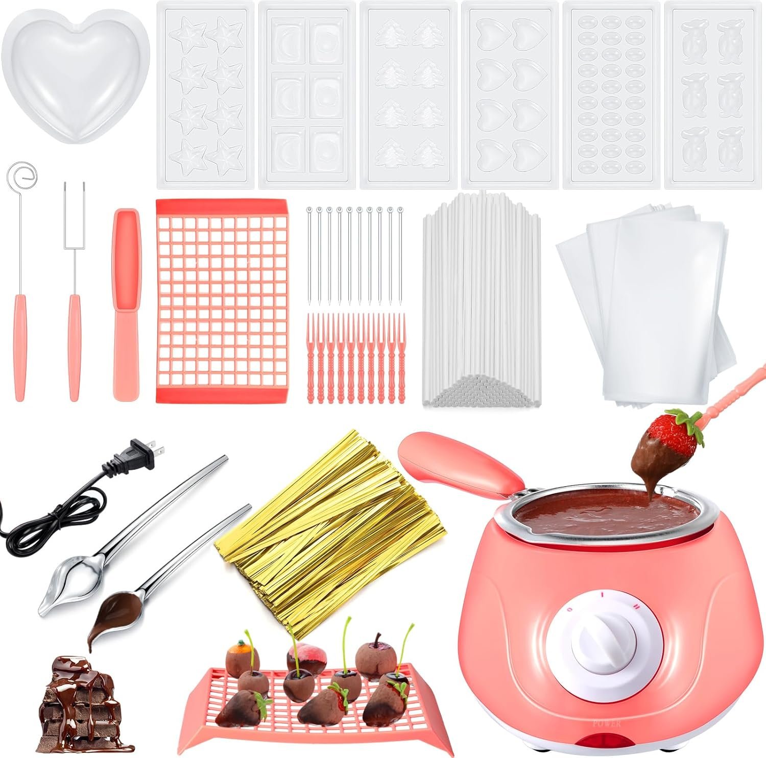Umigy Electric Melting Chocolate Pot Gift Set Mini Fondue Fountain Pot Kit Chocolate Melting with DIY Mold and Accessories for Candy Chocolate Milk Cheese Candy Home (Pink, Fresh) - Image 2