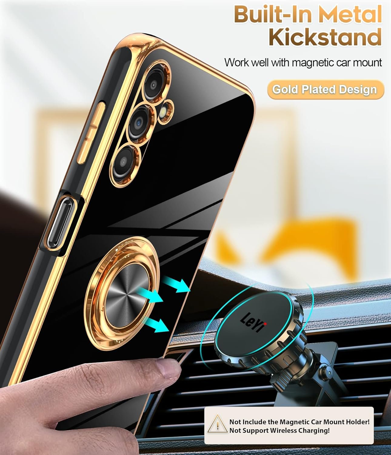 LeYi for Samsung Galaxy A14 5G Case: with 2 Pack Tempered Glass Screen Protector and 360° Rotatable Ring Holder Magnetic Kickstand, Plating Rose Gold Edge Protective Samsung A 14 5G Case, Black - Image 6