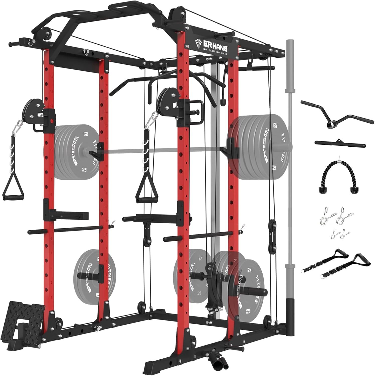 ER KANG Power Cage, PC06 1500LBS Power Rack with Cable Crossover System, Multi-Function Workout Cage, Squat Rack Home Gym (Red Power Cage Only) - Image 2