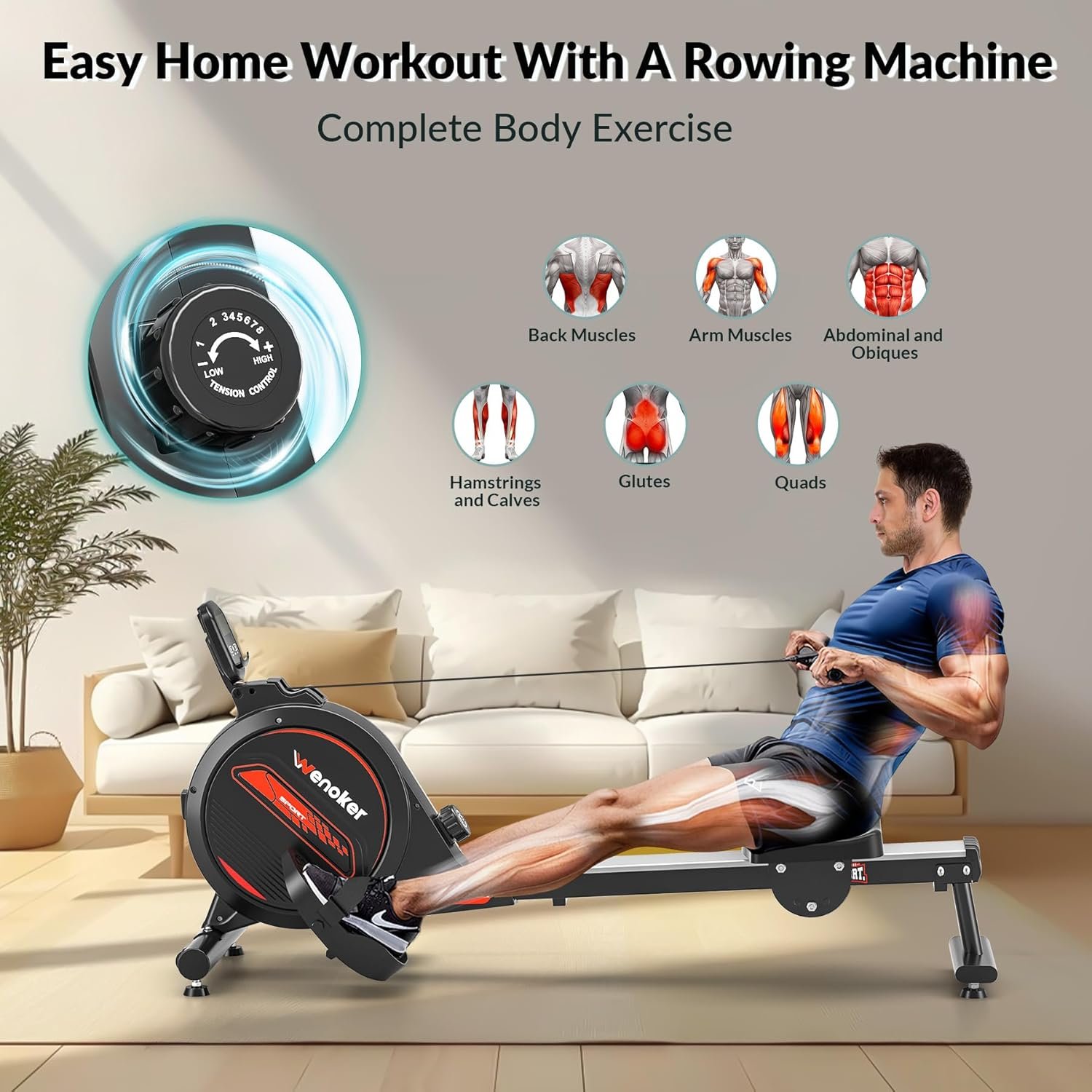 Rowing Machine,Wenoker Magnetic Rower Machine for Home,350 LB Weight Capacity, Smooth Whisper Quiet with LCD Monitor Tablet Holder & Comfortable Seat Cushion, Compact and Saves Space - Image 8