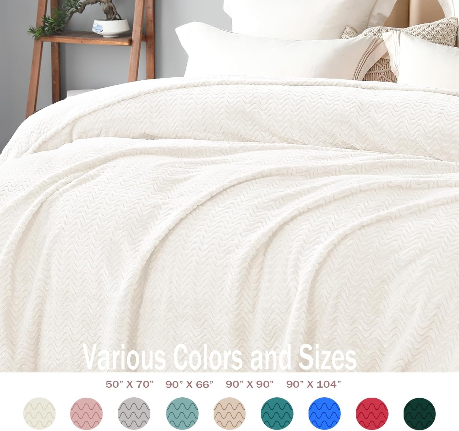 Exclusivo Mezcla Off White Fleece Throw Blanket for Couch Bed, Super Soft Cozy Blankets with Decorative Wave Textured, Lightweight Plush Blanket All Season Use, 50x70 Inches - Image 4