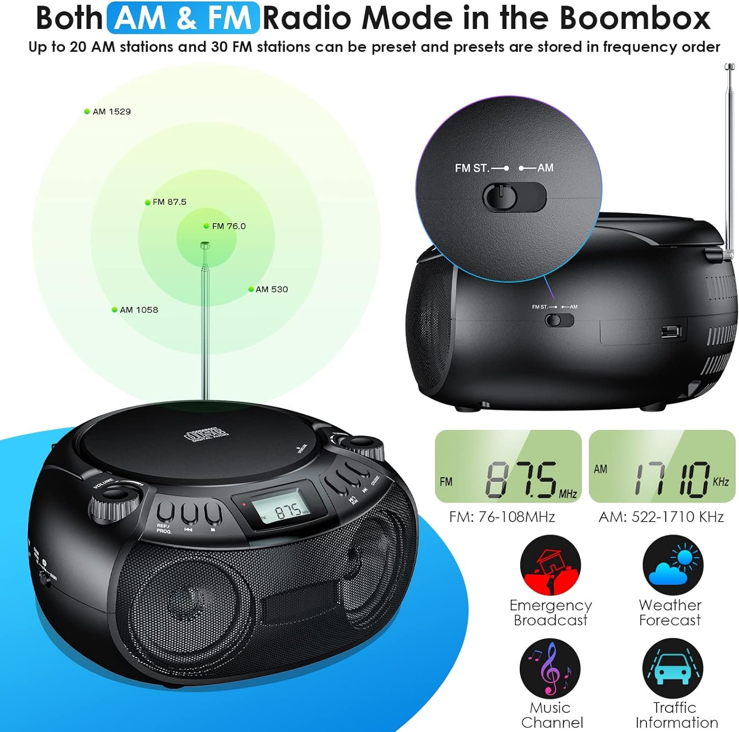 Gueray CD Player Boombox with Bluetooth Boombox AM/FM Radio USB Port Portable CD Player Stereo Sound Speaker MP3 Playback 3.5mm AUX Input Headphone Jack LCD Display CD-R CD-RW MP3WMA Playback - Image 4