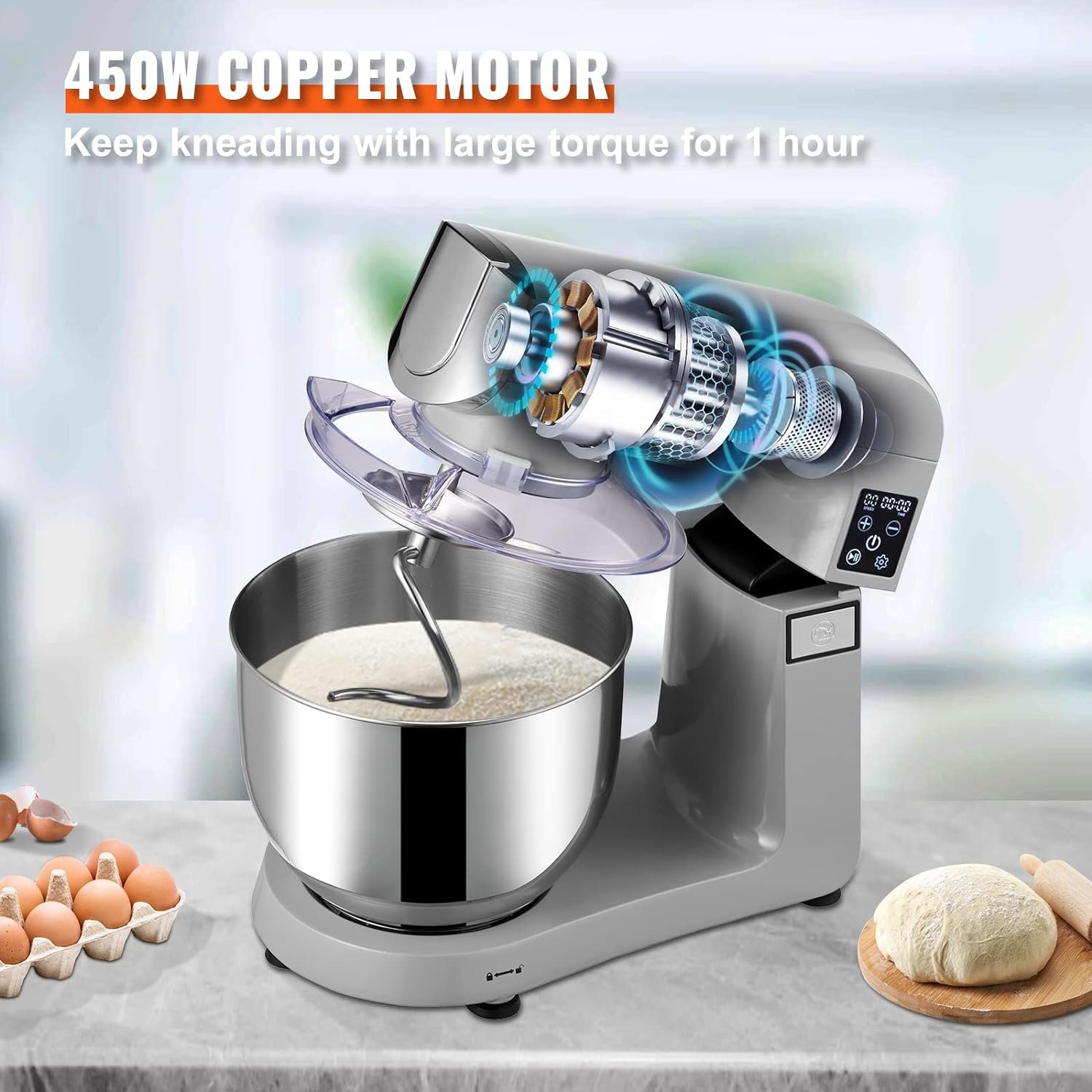 VEVOR 6 IN 1 Stand Mixer, 450W Tilt-Head Multifunctional Electric Mixer with 6 Speeds LCD Screen Timing, 7.4Qt Stainless Bowl, Dough Hook, Flat Beater, Whisk, Scraper, Grinder, Stuffer, Slicer - Gray - Image 6