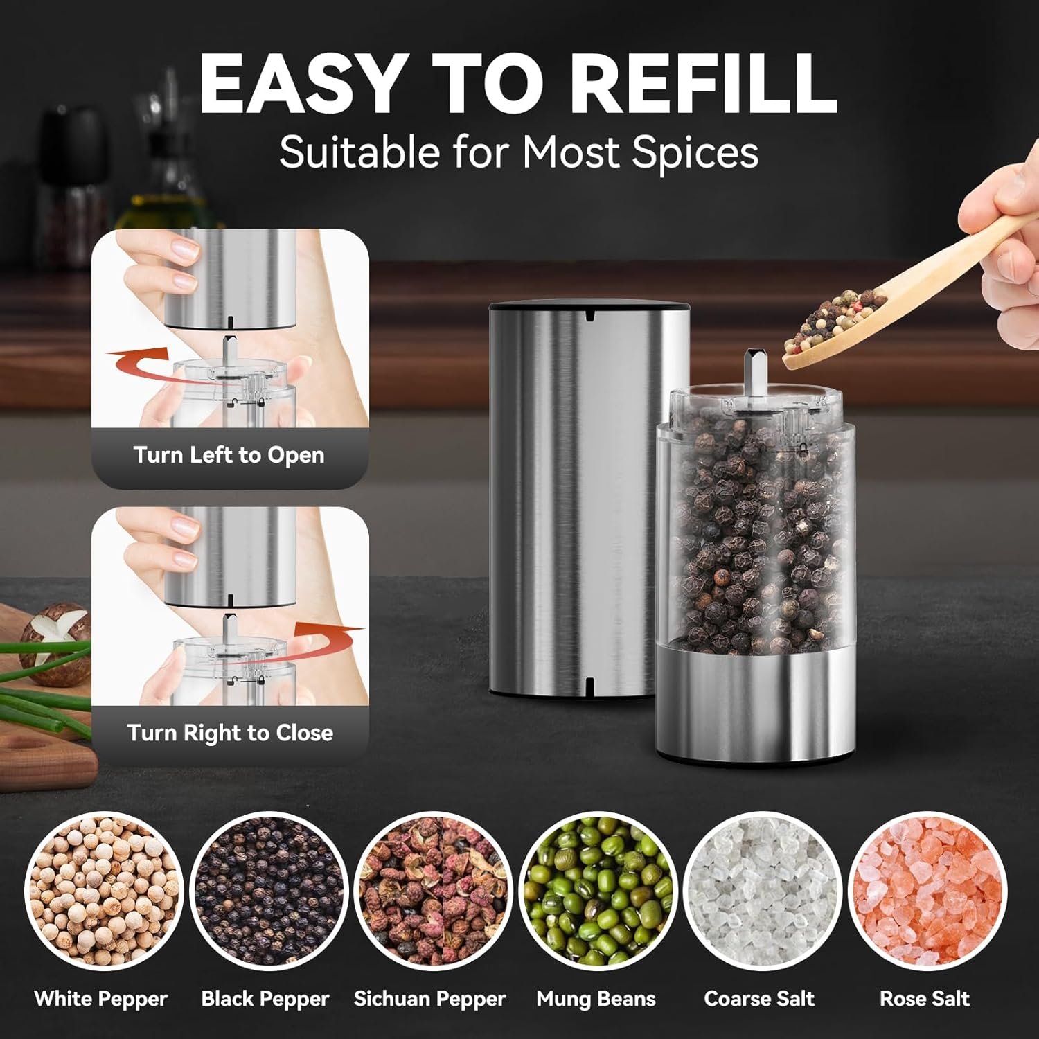Rechargeable Salt and Pepper Grinder Set, Yumcian Stainless Steel Automatic Salt and Pepper Grinder Mill, Electric Pepper Shakers Set with Adjustable Coarseness and LED Light, Upgraded Larger Capacity - Image 7