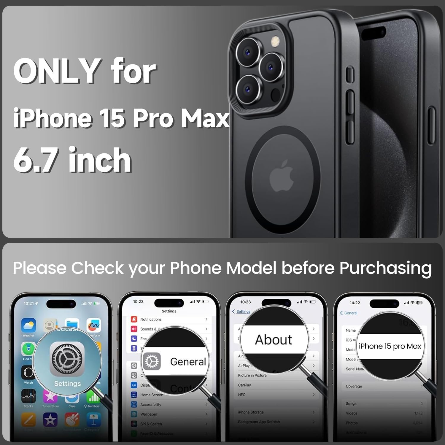 Tigowos for iPhone 15 Pro Max case Fits MagSafe 10FT Drop Resistant Matte Skin Feeling Shockproof Back Cover Fits iPhone 15 Pro Max Phone Cases, Titanium Black - Image 3