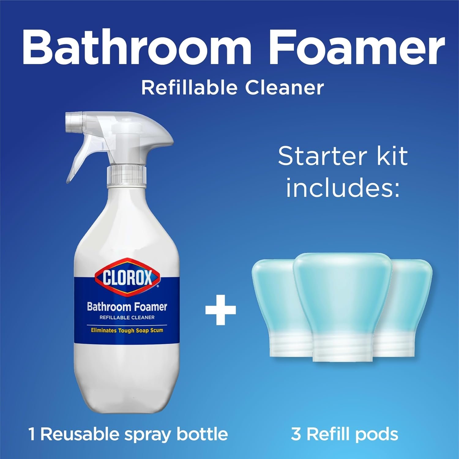 Clorox Bathroom Foamer Refillable Cleaner, Household Essentials, 1 Bottle and 3 Refill, Rain Clean, 1.13 Fl Oz - Image 3