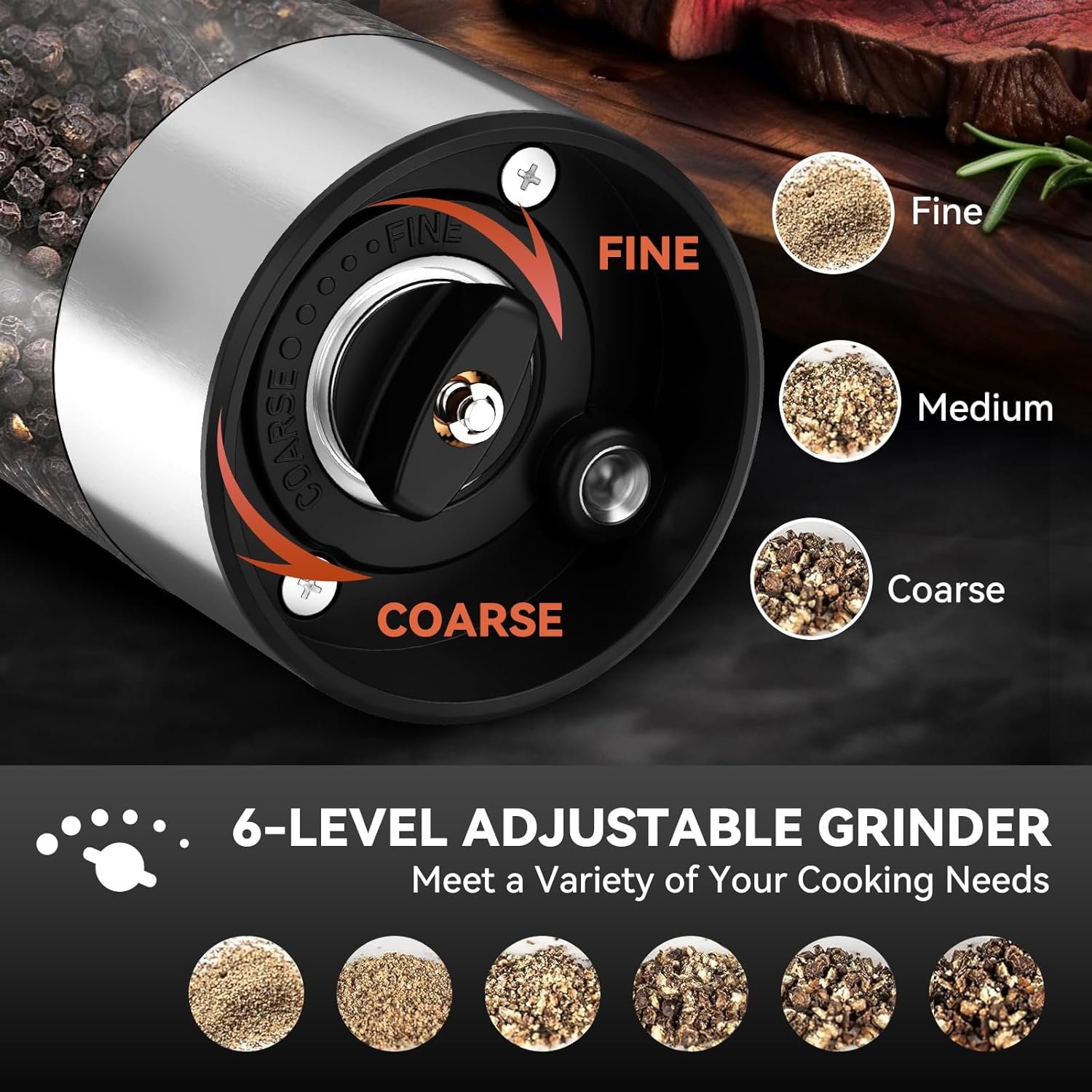 Rechargeable Salt and Pepper Grinder Set, Yumcian Stainless Steel Automatic Salt and Pepper Grinder Mill, Electric Pepper Shakers Set with Adjustable Coarseness and LED Light, Upgraded Larger Capacity - Image 6