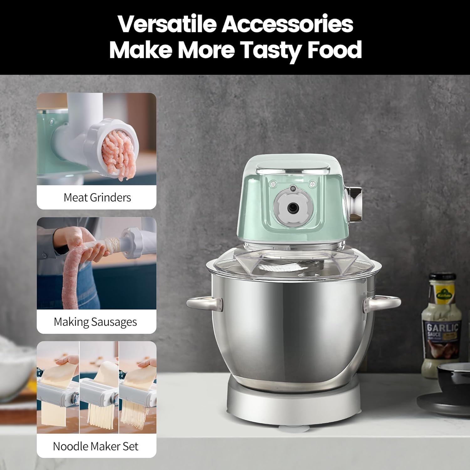 HAUSWIRT 5.3QT Electric Stand Mixer, Retro Kitchen Appliance with LED, 11 Speeds, 3-IN-1 Mixer with Stainless Steel Egg Whisk, Dough Hook, and Flat Beater, Green - Image 7