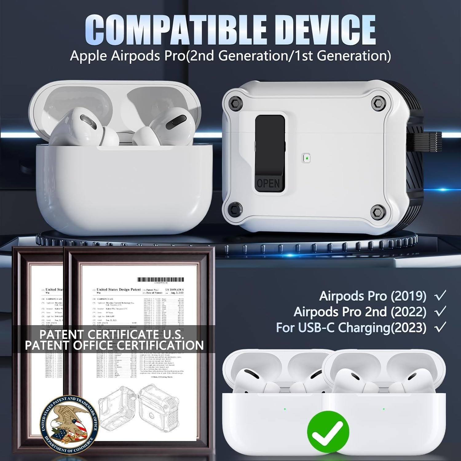 Compatible with AirPods Pro 2nd/1st Generation Case Cover,with Cleaner kit,Automatic Snap Switch Secure for iPod Pro Charging Case (USB-C/Lightning Cable) (2023/2022/2019)-White - Image 3