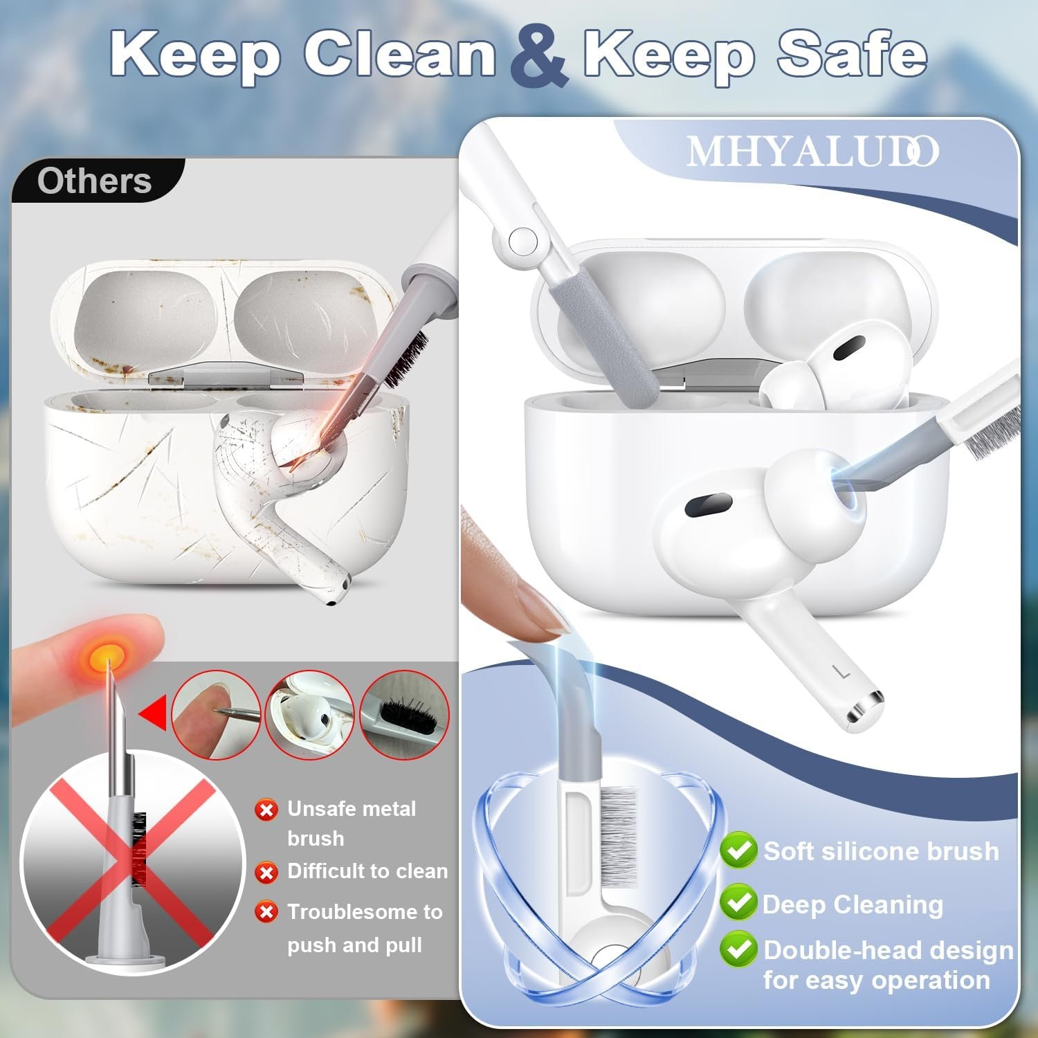 for AirPods Pro 2nd Generation Case Cover, Military Grade Anti-Fall Soft Silicone Shock-Absorbing for AirPods Pro Case Skin Touch with Keychain and Cleaning Kit, Front LED Visible, Sky Blue - Image 3