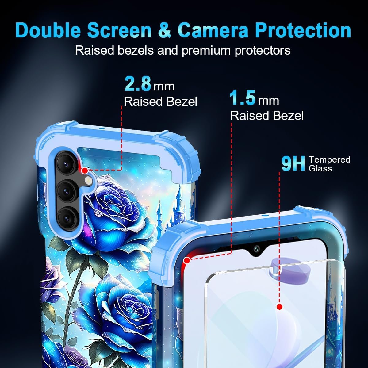 Miqala for Galaxy A14 5G Case with 2 Tempered Glass Screen Protector,Glow in The Dark Three Layer Shockproof Protective Case for Samsung Galaxy A14 5G,Blue Rose - Image 5