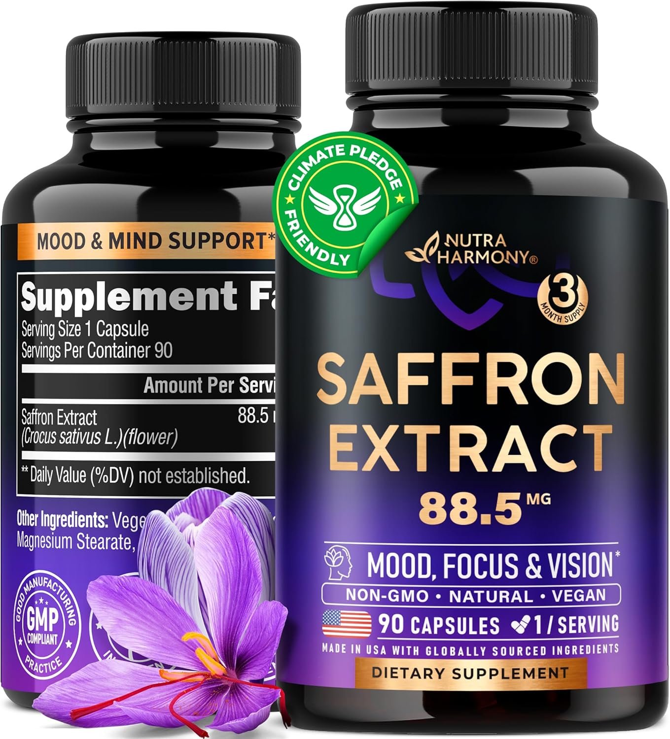 Natural Saffron Supplements - Pure Saffron Extract 88.5 mg - Made in USA - Mood | Focus | Vision | Energy Support - Eye Health for Women & Men - NonGMO Vegan Pills - 90 Powder Capsules, 3 Month Supply - Image 2