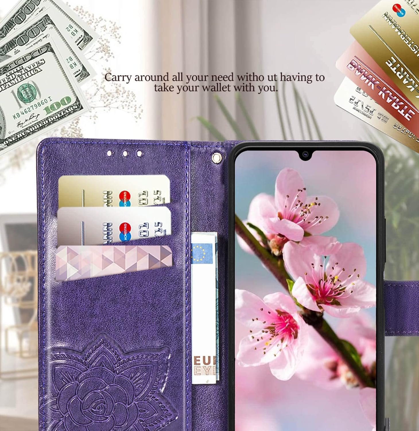 for Galaxy A14 5G Phone Case Wallet,Women Flip Folio Cover with Credit Card Holders Butterfly Embossed PU Leather Stand Wrist Strap Purse Case for Samsung A14 5G 6.6 inch (Purple) - Image 3