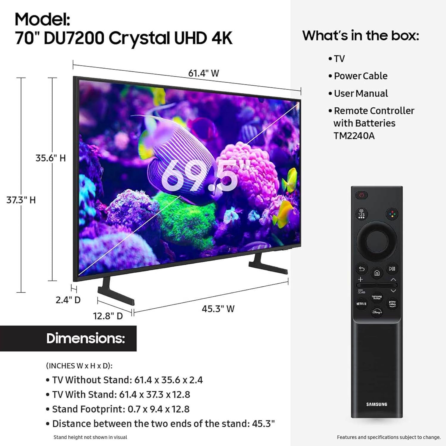 SAMSUNG 70-Inch Class Crystal UHD 4K DU7200 Series HDR Smart TV w/Object Tracking Sound Lite, PurColor, Motion Xcelerator, Mega Contrast, Q-Symphony (UN70DU7200, 2024 Model) - Image 3