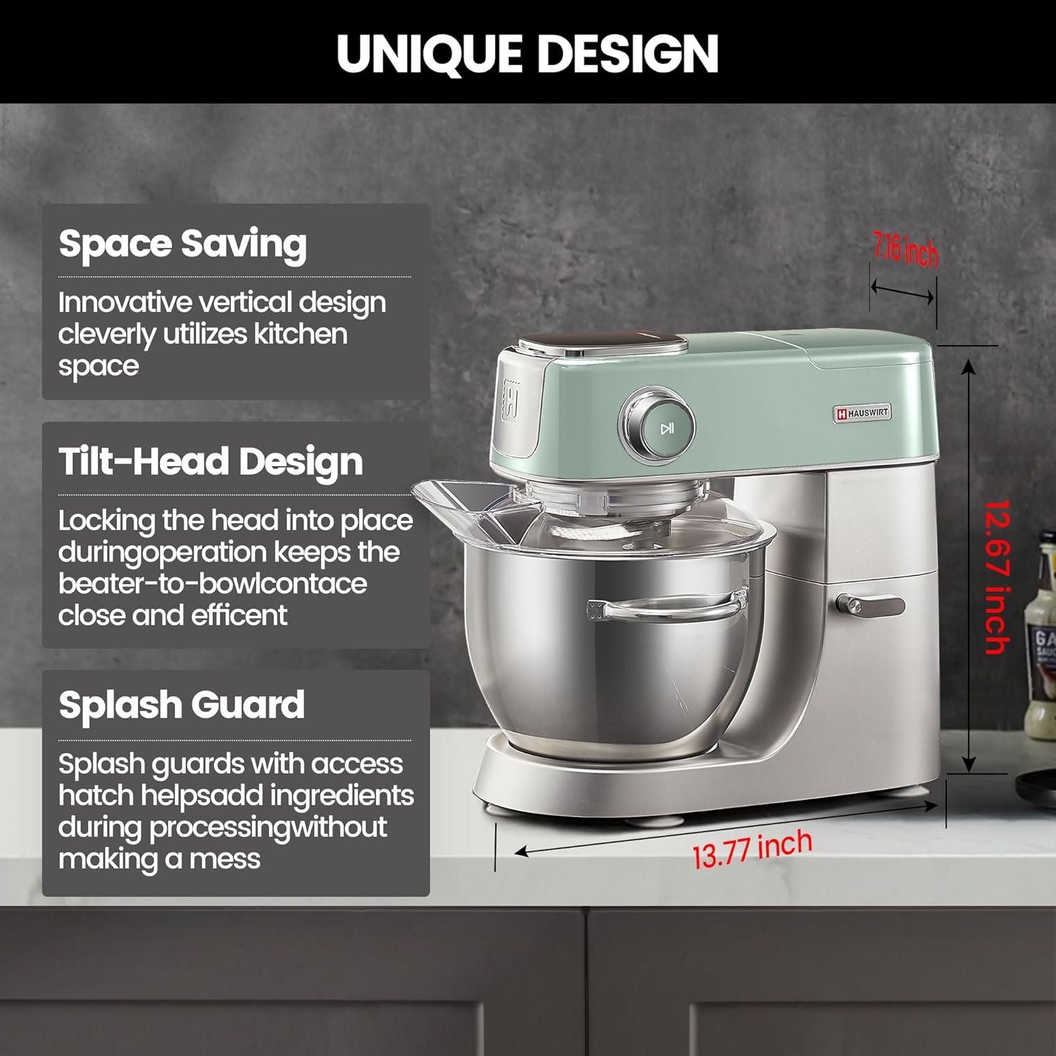 HAUSWIRT 5.3QT Electric Stand Mixer, Retro Kitchen Appliance with LED, 11 Speeds, 3-IN-1 Mixer with Stainless Steel Egg Whisk, Dough Hook, and Flat Beater, Green - Image 8