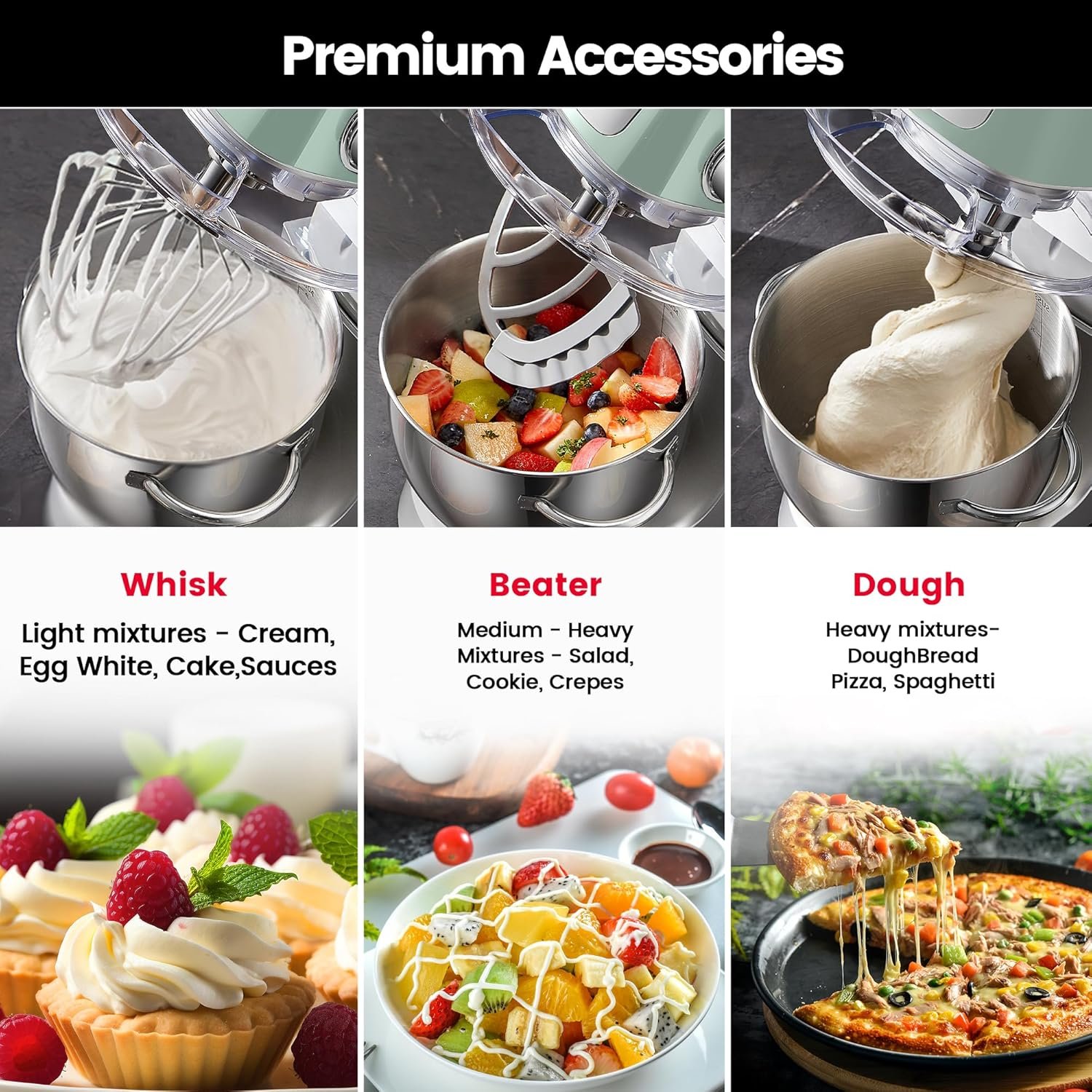 HAUSWIRT 5.3QT Electric Stand Mixer, Retro Kitchen Appliance with LED, 11 Speeds, 3-IN-1 Mixer with Stainless Steel Egg Whisk, Dough Hook, and Flat Beater, Green - Image 10