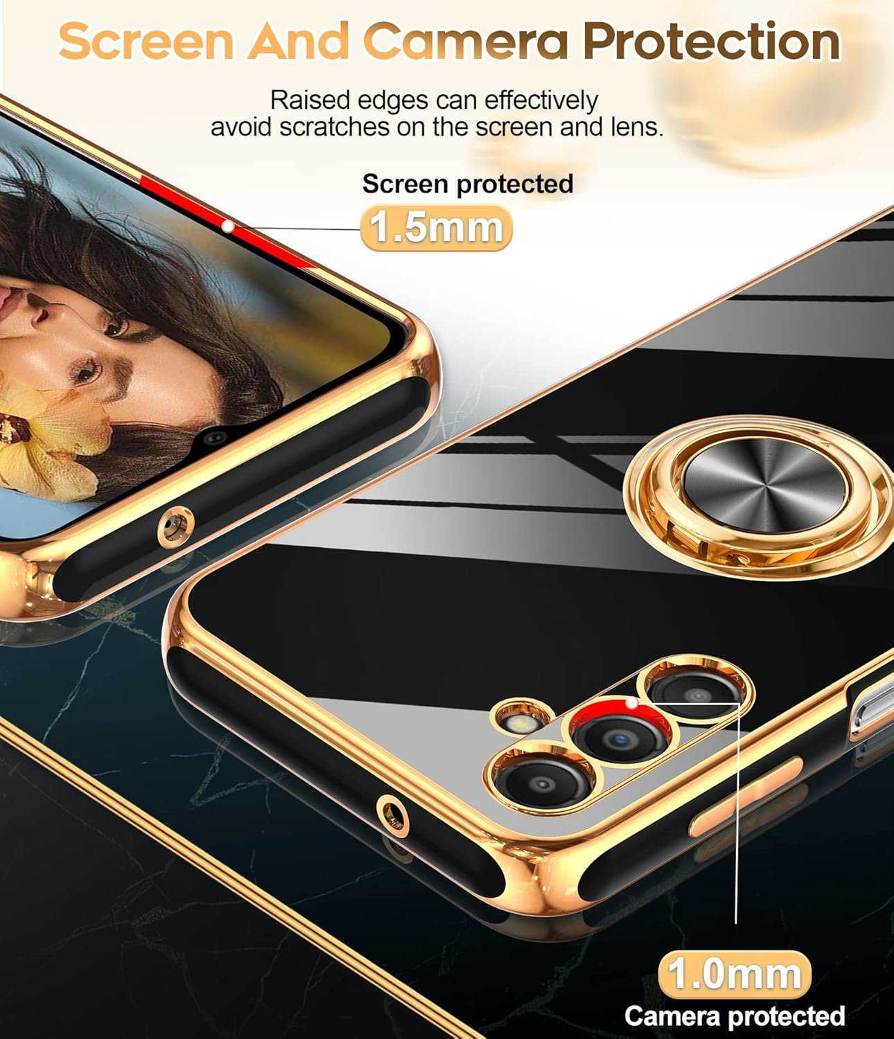 LeYi for Samsung Galaxy A14 5G Case: with 2 Pack Tempered Glass Screen Protector and 360° Rotatable Ring Holder Magnetic Kickstand, Plating Rose Gold Edge Protective Samsung A 14 5G Case, Black - Image 5