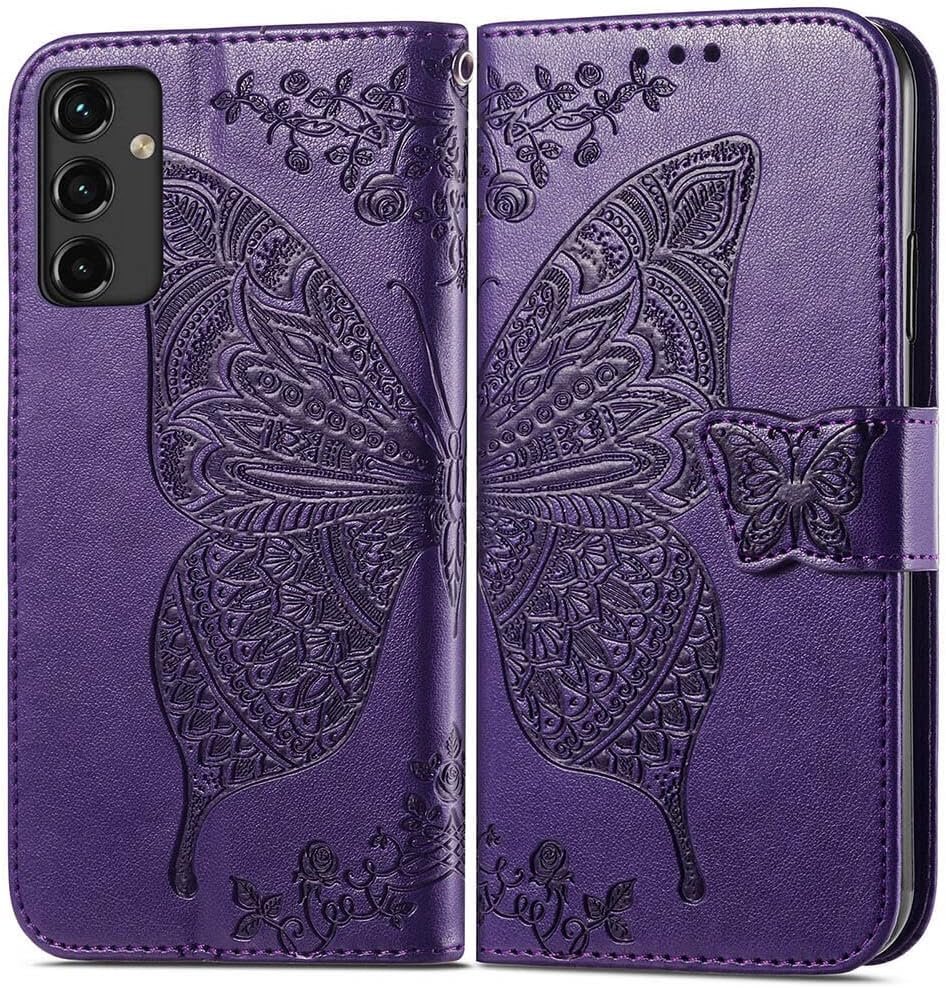 for Galaxy A14 5G Phone Case Wallet,Women Flip Folio Cover with Credit Card Holders Butterfly Embossed PU Leather Stand Wrist Strap Purse Case for Samsung A14 5G 6.6 inch (Purple) - Image 5