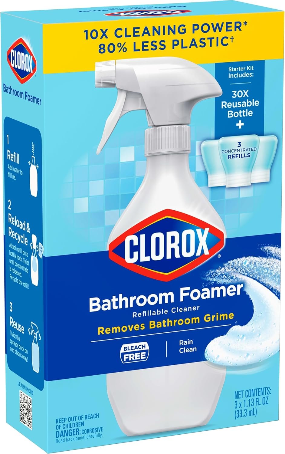 Clorox Bathroom Foamer Refillable Cleaner, Household Essentials, 1 Bottle and 3 Refill, Rain Clean, 1.13 Fl Oz - Image 14