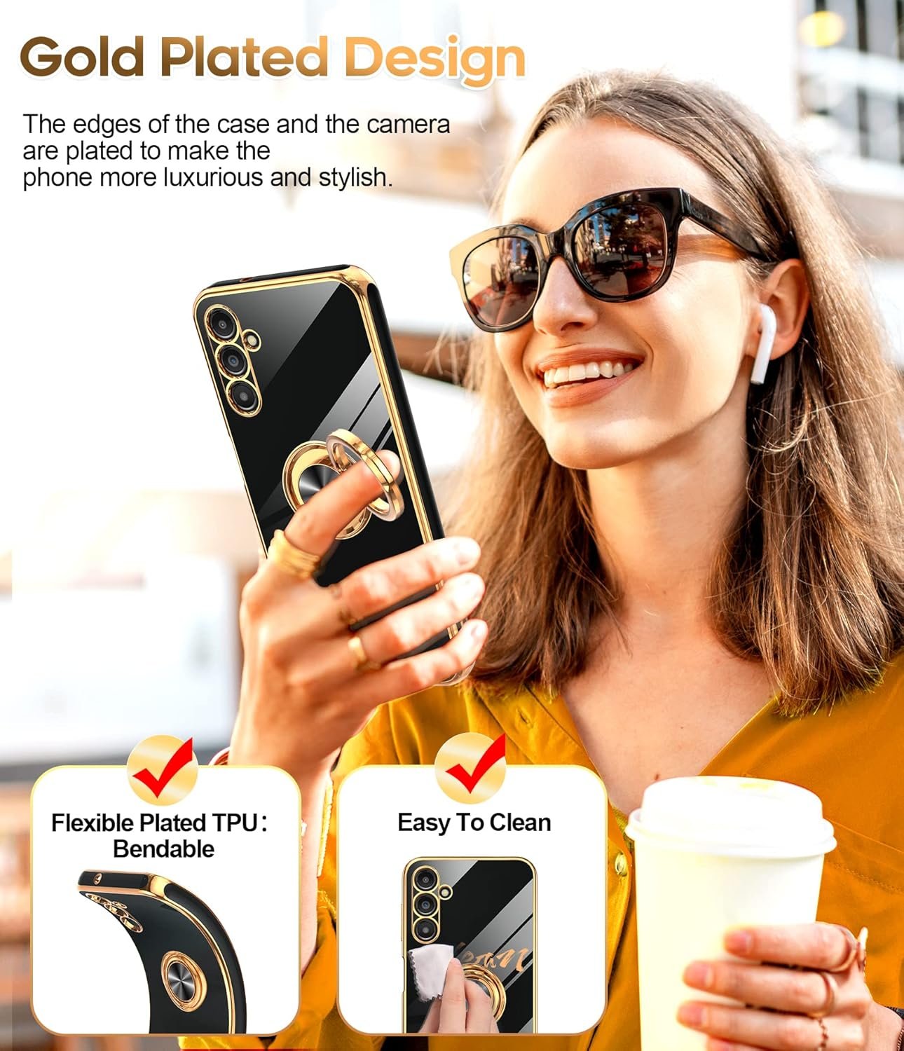 LeYi for Samsung Galaxy A14 5G Case: with 2 Pack Tempered Glass Screen Protector and 360° Rotatable Ring Holder Magnetic Kickstand, Plating Rose Gold Edge Protective Samsung A 14 5G Case, Black - Image 7
