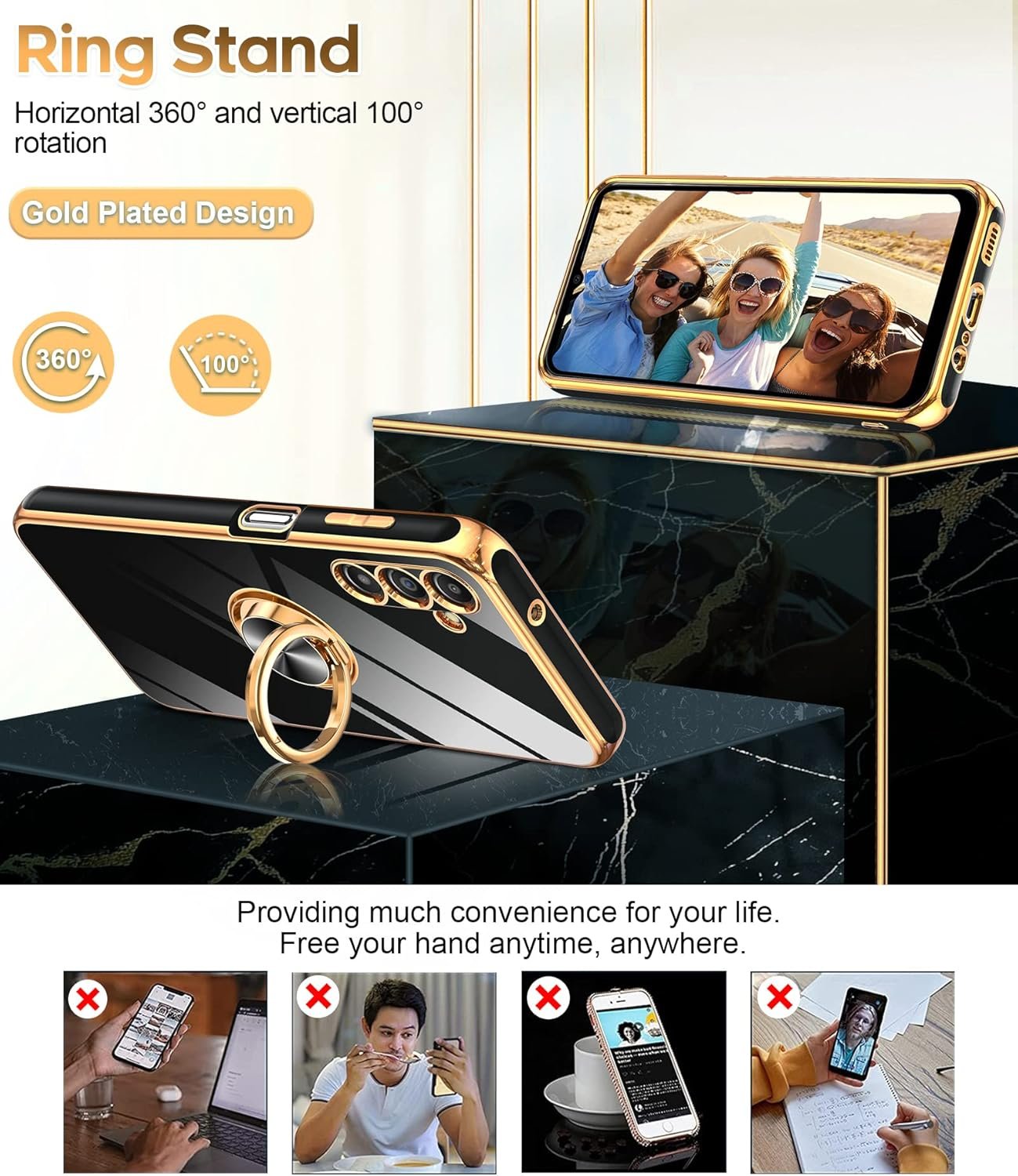LeYi for Samsung Galaxy A14 5G Case: with 2 Pack Tempered Glass Screen Protector and 360° Rotatable Ring Holder Magnetic Kickstand, Plating Rose Gold Edge Protective Samsung A 14 5G Case, Black - Image 4