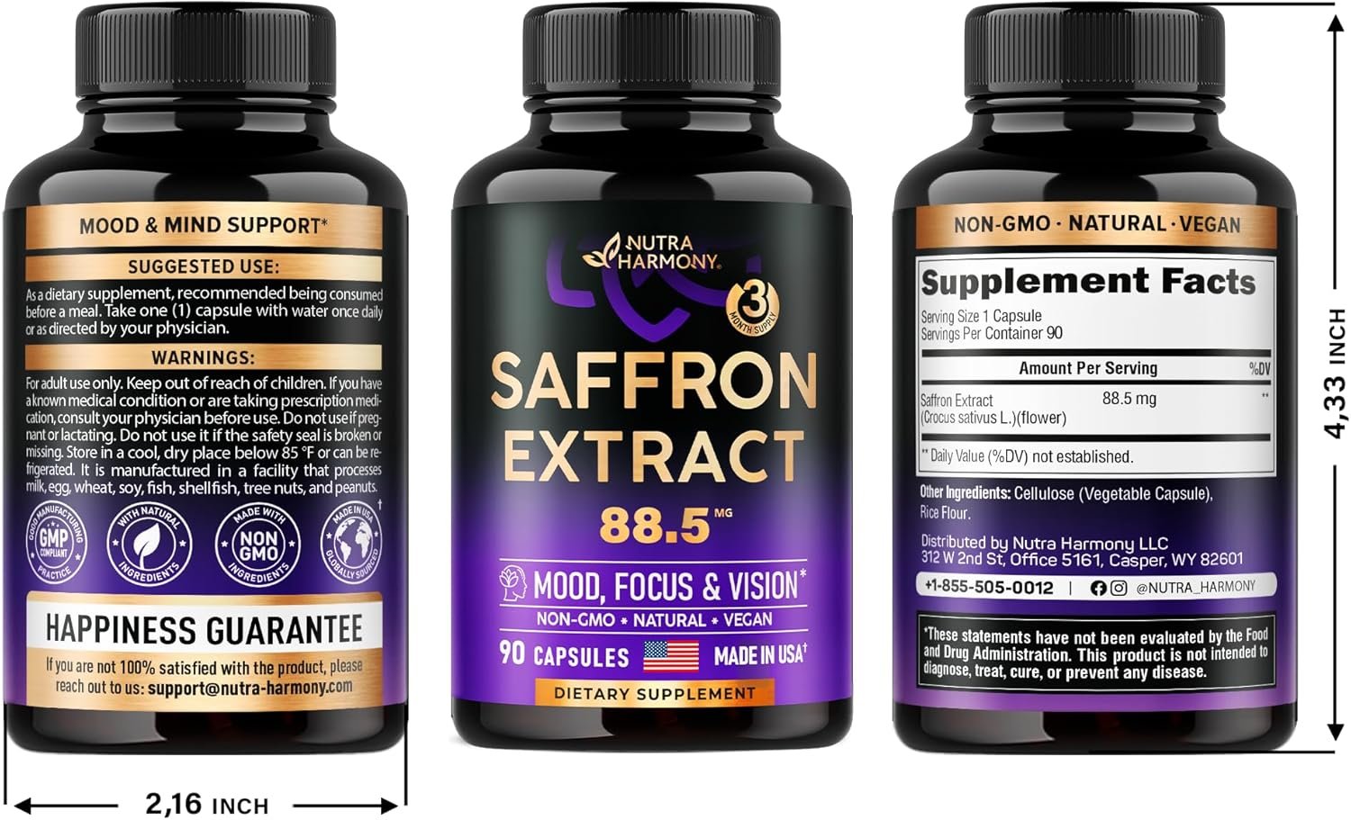 Natural Saffron Supplements - Pure Saffron Extract 88.5 mg - Made in USA - Mood | Focus | Vision | Energy Support - Eye Health for Women & Men - NonGMO Vegan Pills - 90 Powder Capsules, 3 Month Supply - Image 7
