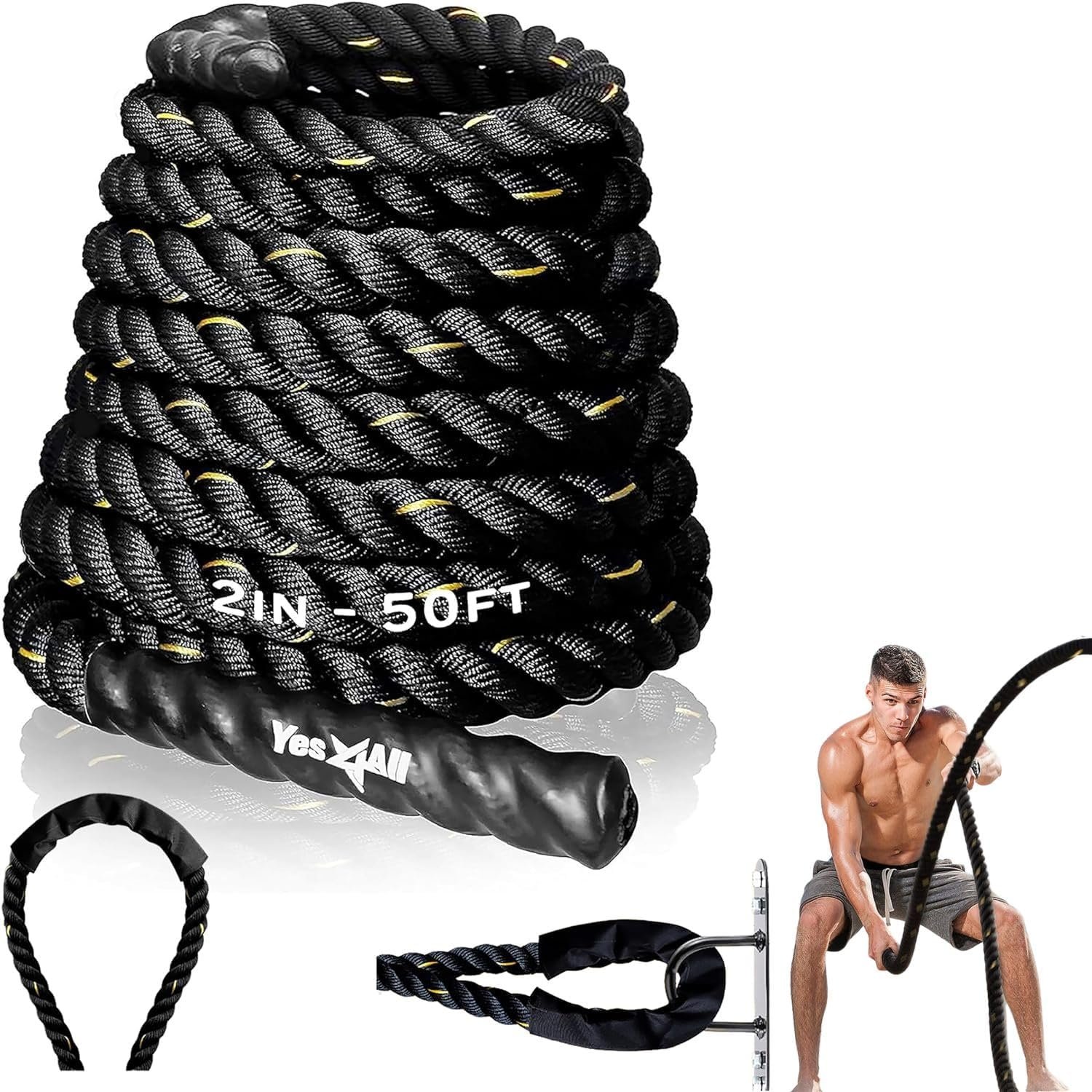 Yes4All 1.5/2 Inch Battle Ropes with Extra Protective Sleeve, Workout Ropes for Cross-Training Home Gym & Fitness Exercises, Strength Training - 30,40,50 Feet Lengths Available - Image 2