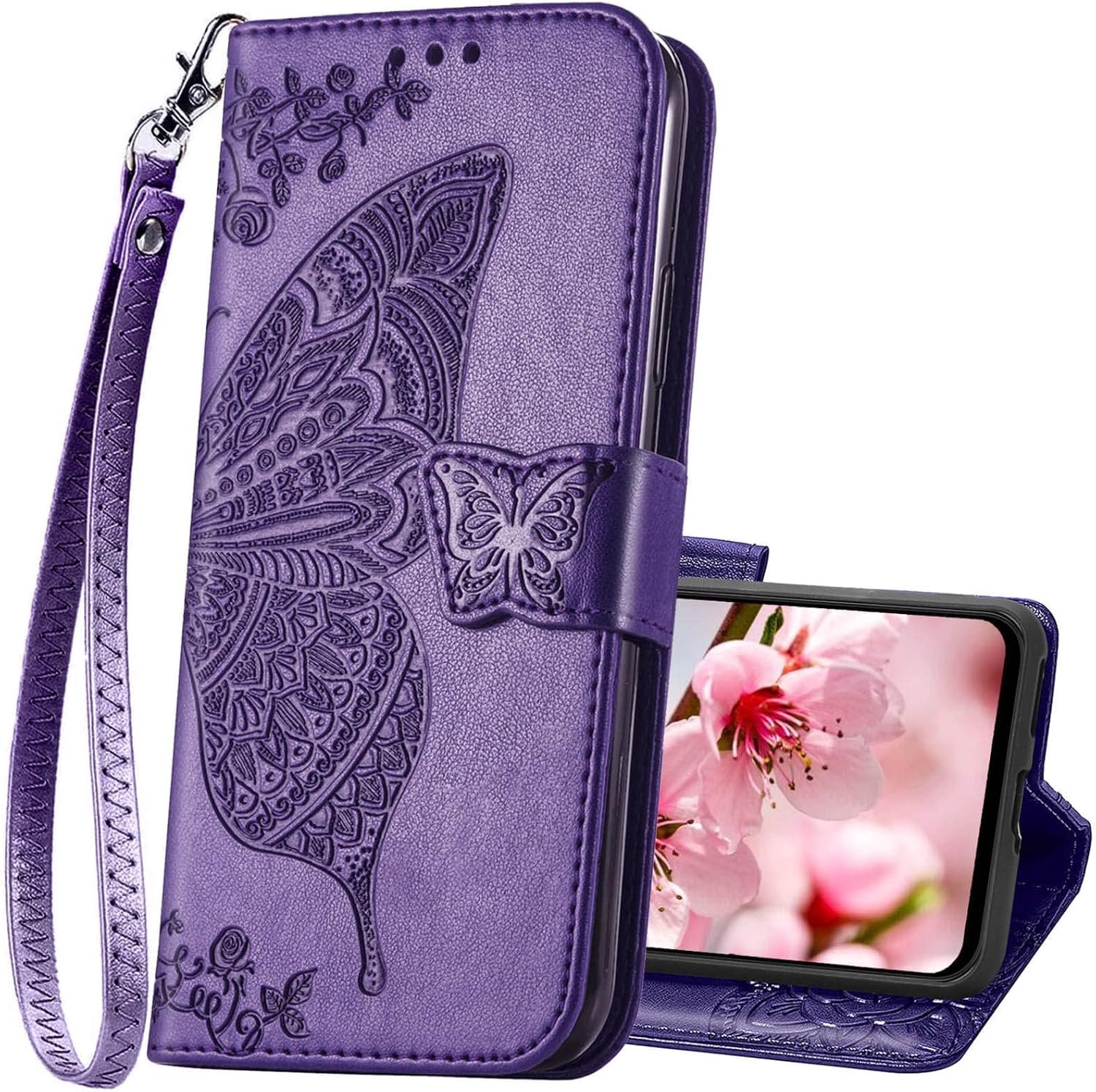for Galaxy A14 5G Phone Case Wallet,Women Flip Folio Cover with Credit Card Holders Butterfly Embossed PU Leather Stand Wrist Strap Purse Case for Samsung A14 5G 6.6 inch (Purple) - Image 2