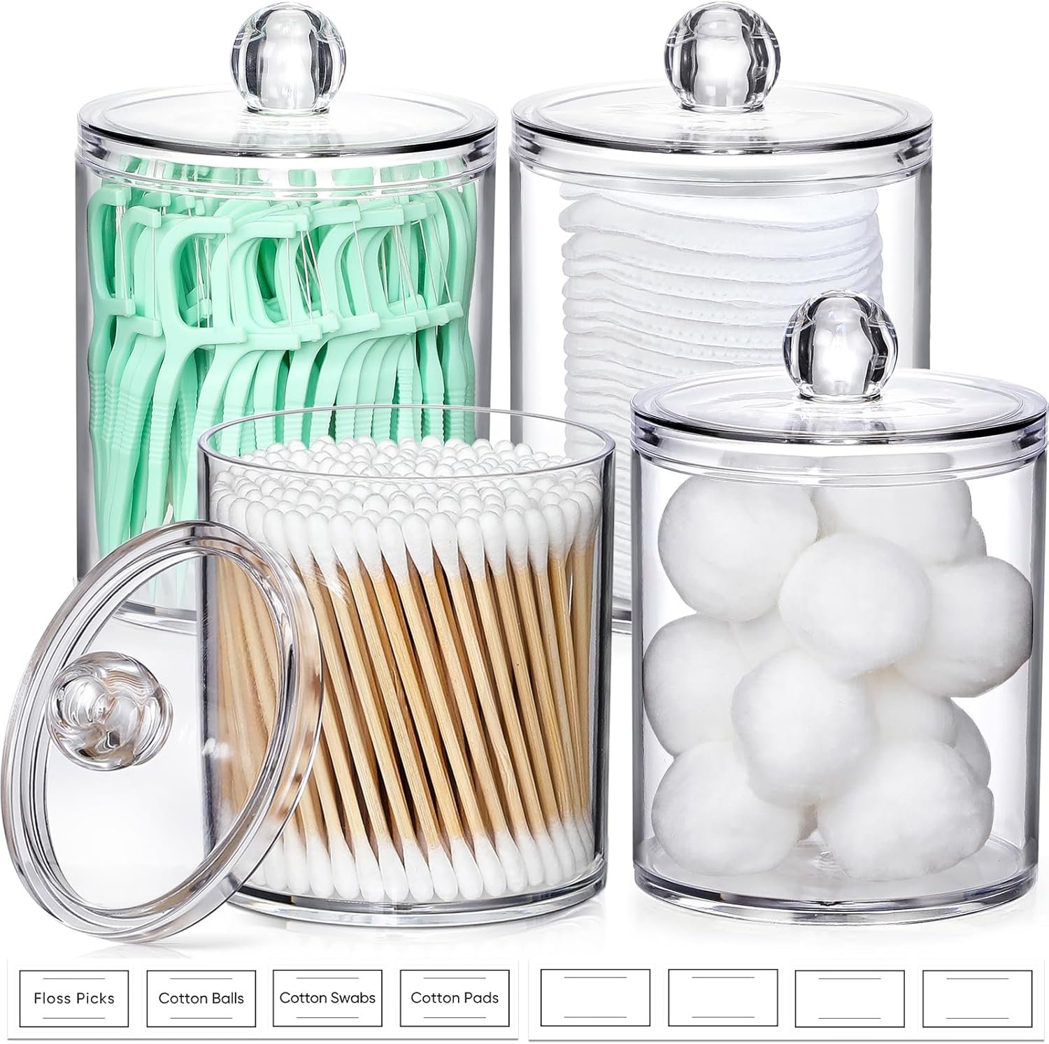 4 Pack Acrylic Qtip Holder Dispenser for Cotton Swabs, Balls, Pads, Floss Picks- Small Clear Plastic Canister Apothecary Jar Set, Bathroom Essentials Accessories Decor, Vanity Makeup Storage Organizer - Image 10