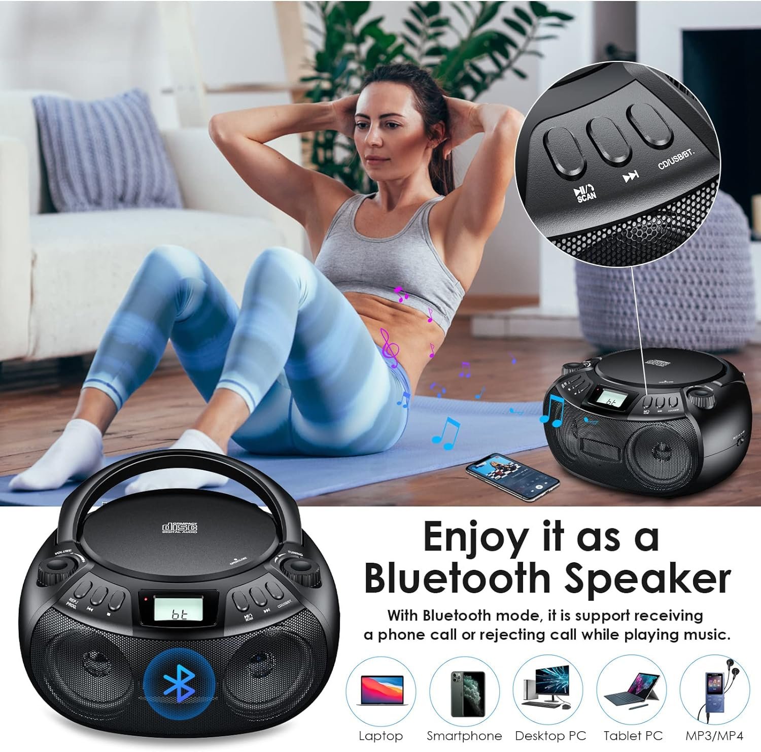 Gueray CD Player Boombox with Bluetooth Boombox AM/FM Radio USB Port Portable CD Player Stereo Sound Speaker MP3 Playback 3.5mm AUX Input Headphone Jack LCD Display CD-R CD-RW MP3WMA Playback - Image 5