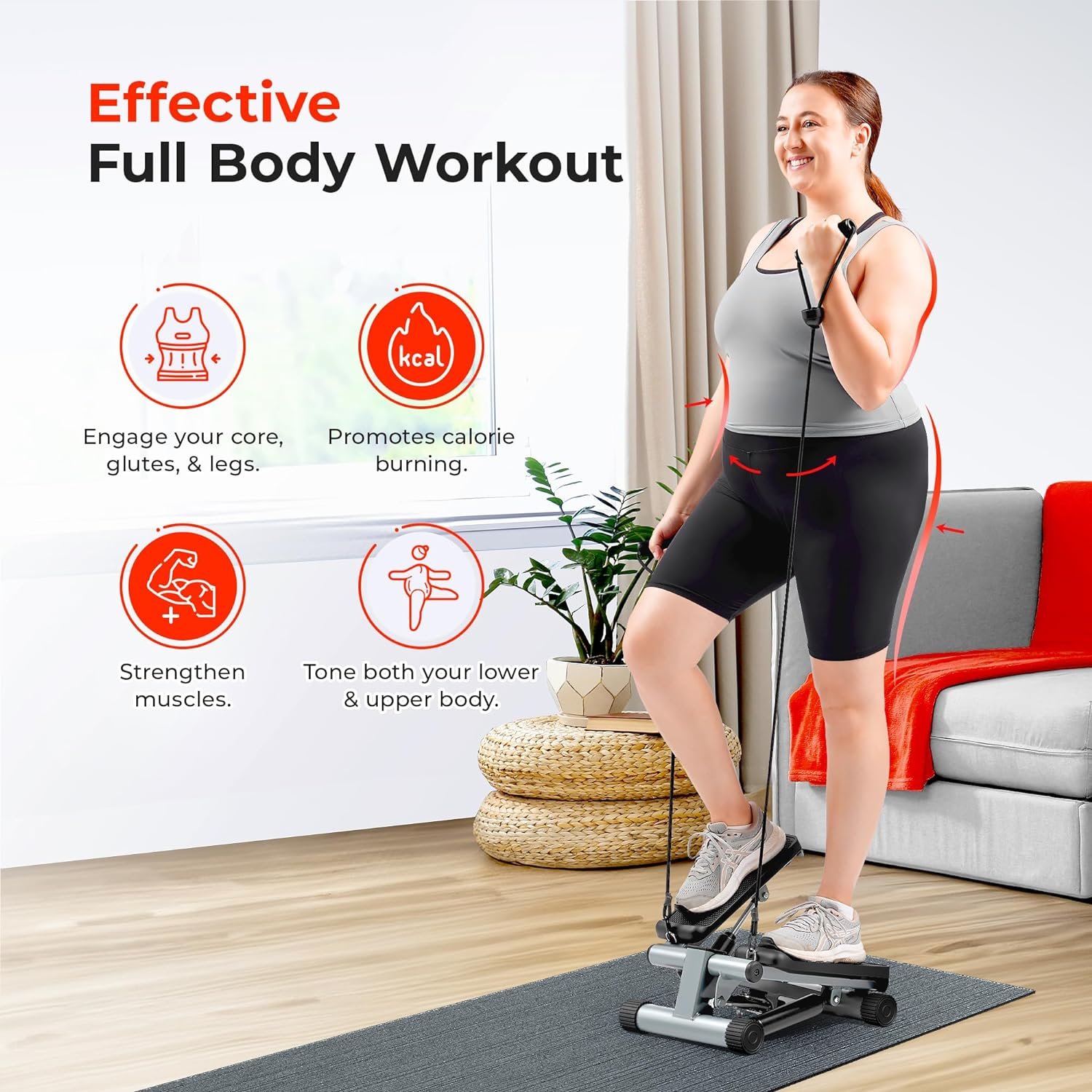 Sunny Health & Fitness Mini Steppers for Exercise at Home, Stair Step Workout Machine with Resistance Bands, Full Body Cardio Equipment, Optional Smart Stepper with SunnyFit App Connection - Image 3