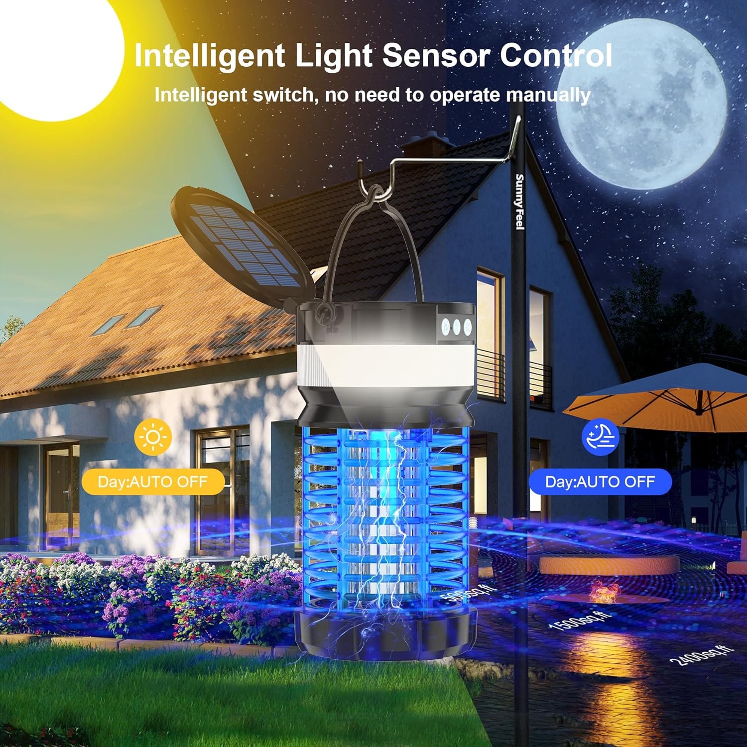 Solar Bug Zapper for Outdoor & Indoor,4200V Mosquito Zapper Waterproof Fly Trap,Portable Rechargeable Mosquito Killer with LED Light for Home,Kitchen,Backyard,Camping (Black-Blue) - Image 6