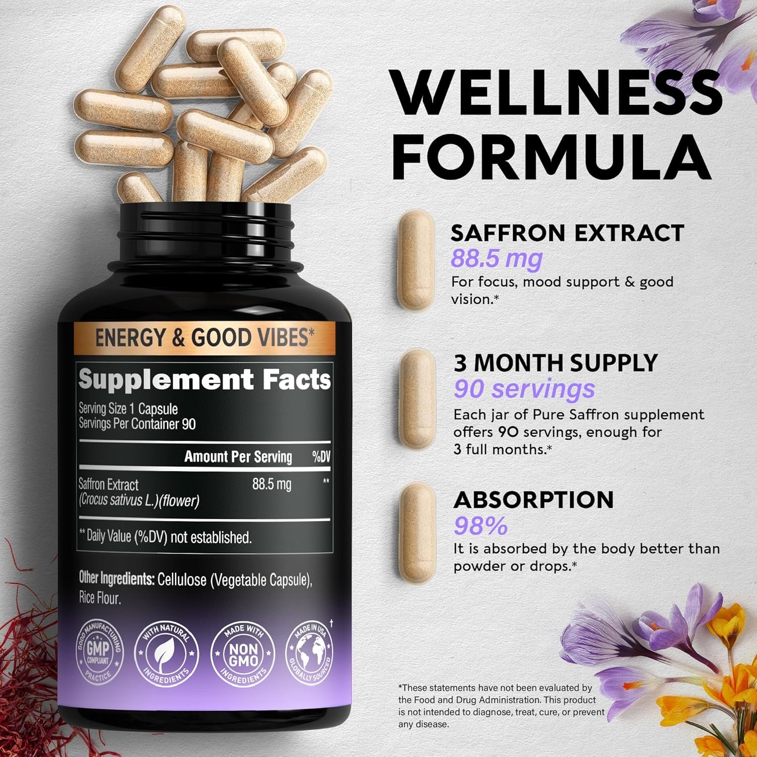 Natural Saffron Supplements - Pure Saffron Extract 88.5 mg - Made in USA - Mood | Focus | Vision | Energy Support - Eye Health for Women & Men - NonGMO Vegan Pills - 90 Powder Capsules, 3 Month Supply - Image 3