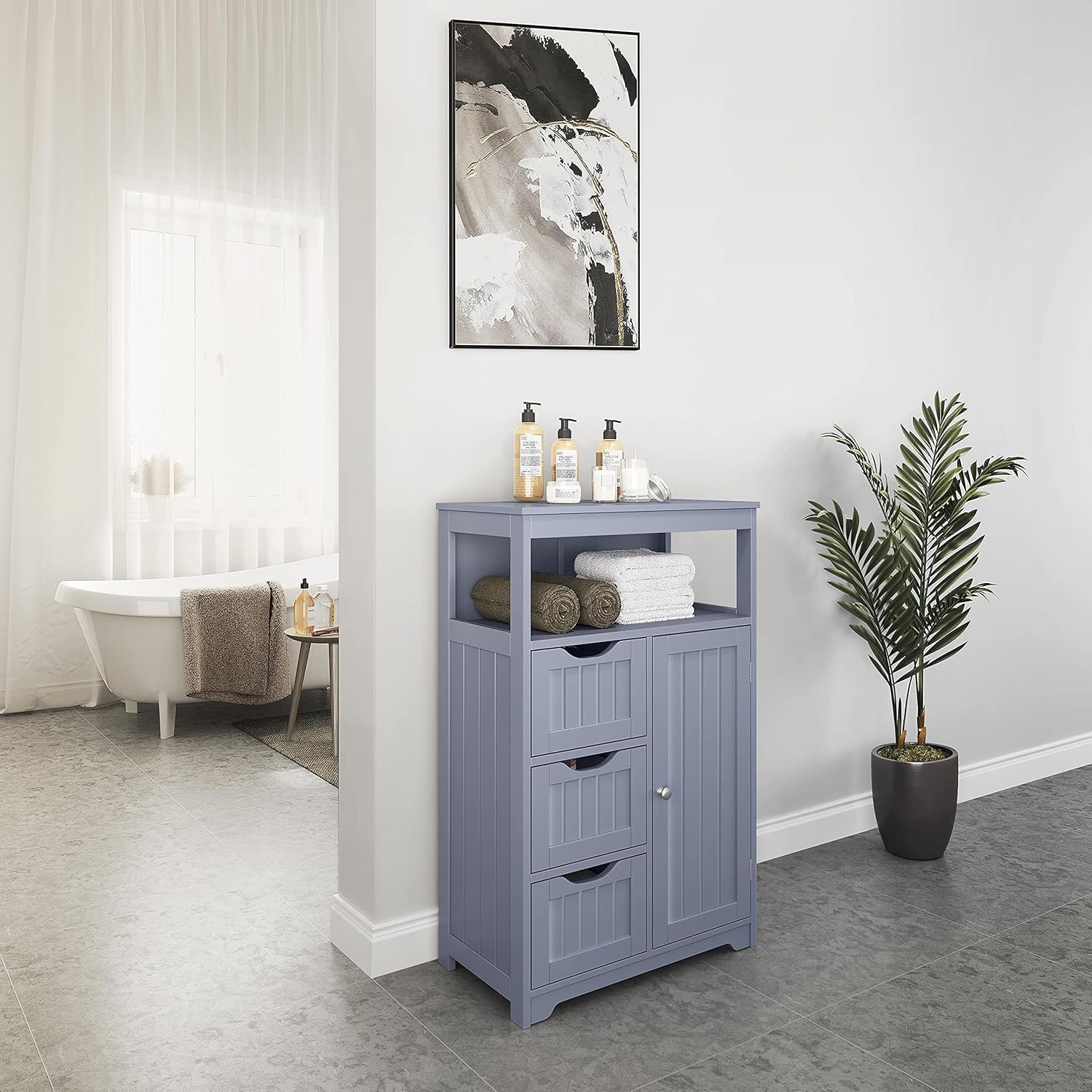 Yaheetech Bathroom Floor Cabinet, Wooden Storage Organizer Multiple Tiers Storage Cabinet, Gray - Image 9