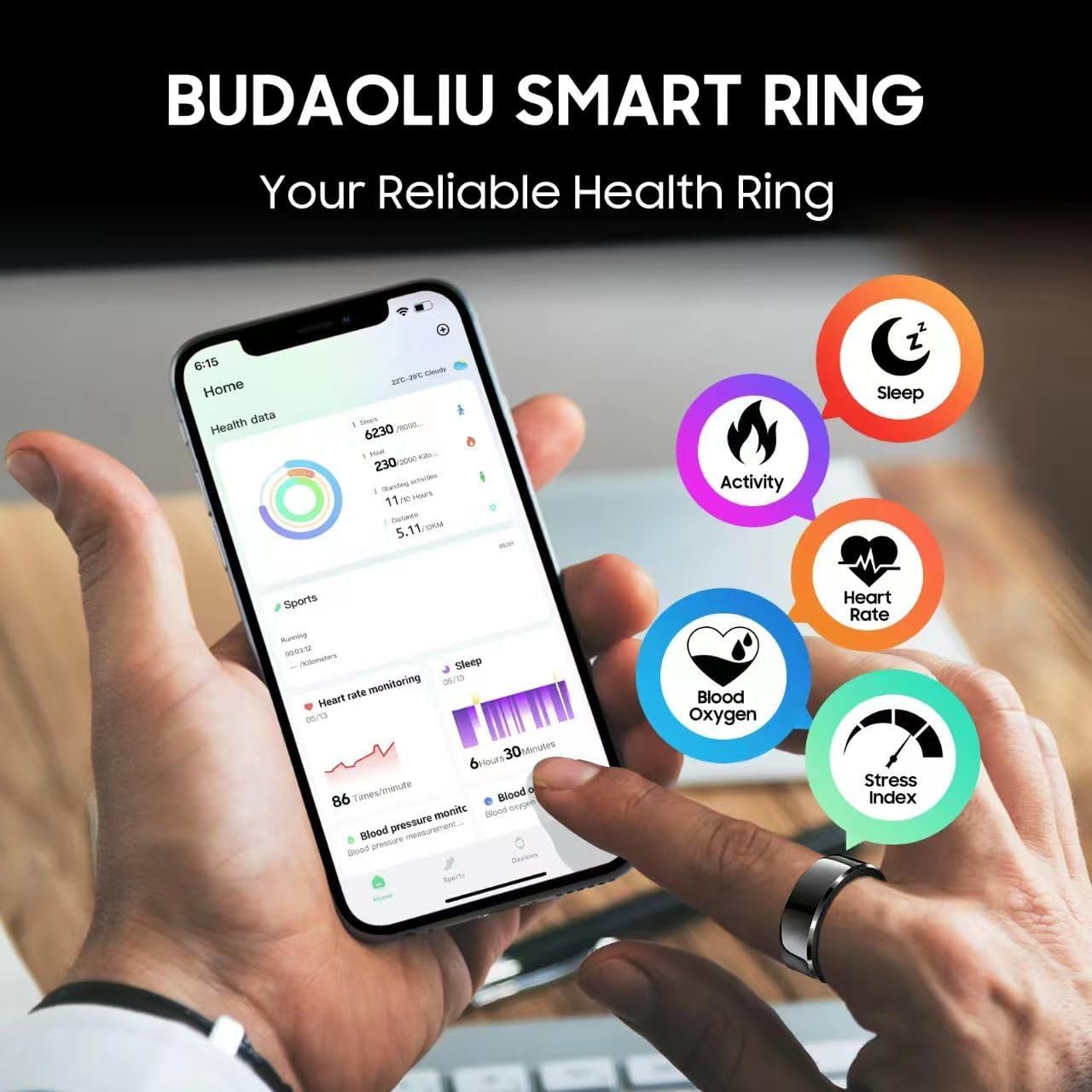 Smart Ring, Wearable Fitness Ring Health Tracker, Sleep Tracking, Heart Rate Fitness Tracker, 5-7 Days Battery Life (Black, 9#) - Image 4