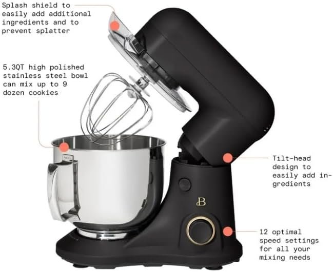 Generic Beautiful 5.3 Qt Stand Mixer, Lightweight & Powerful with Tilt-Head, Powerful 300-watt mixing system & 12 optimal speed settings White Icing by Drew Barrymore (Black Sesame) - Image 3
