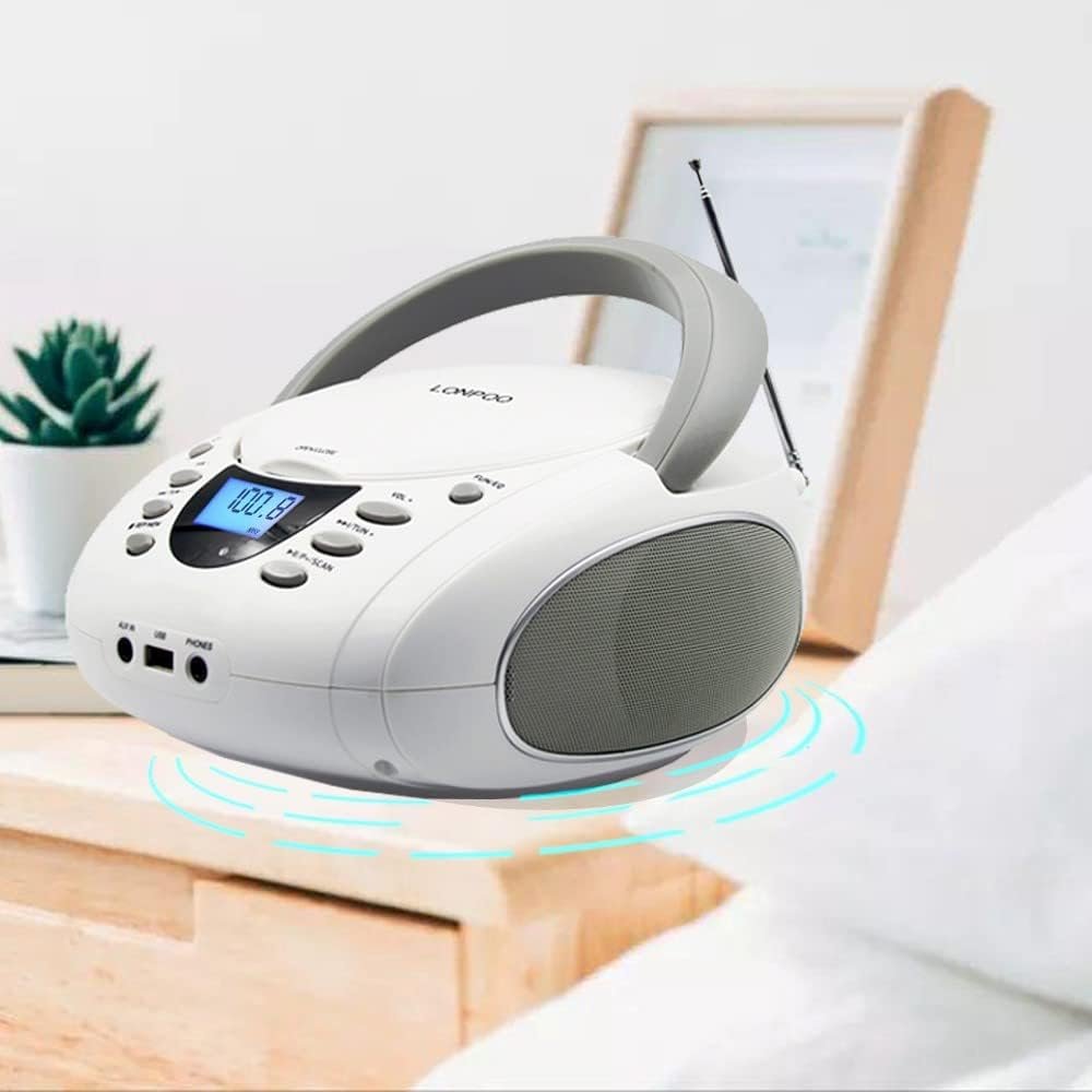 LONPOO CD Player Portable Boombox with FM Radio/USB/Bluetooth/AUX Input and Earphone Jack Output, Stereo Sound Speaker & Audio Player,White - Image 5
