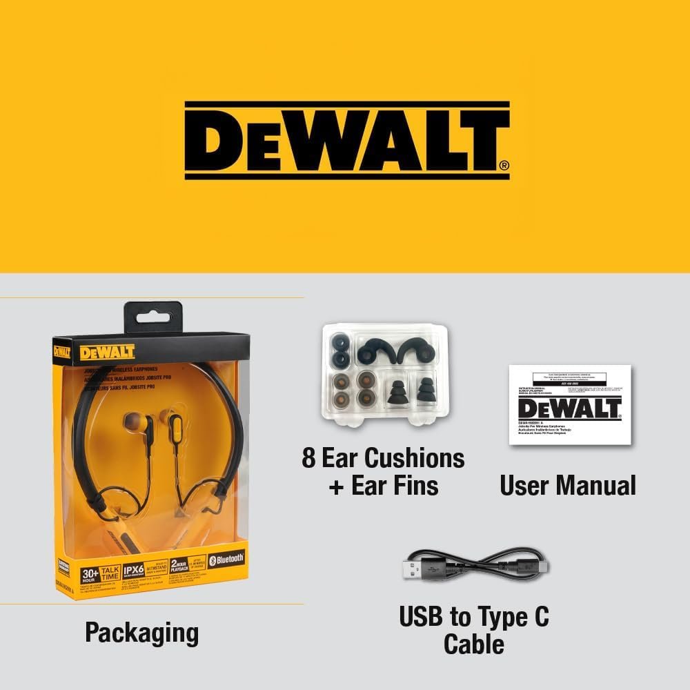 DEWALT Wireless Bluetooth Neckband Headphones — Neckband Earphones with 30H Runtime — Secure Magnetic Earbuds — Noise-Isolating Wireless Earbuds — Jobsite Pro Built-in Mic for Crystal-Clear Calls - Image 10