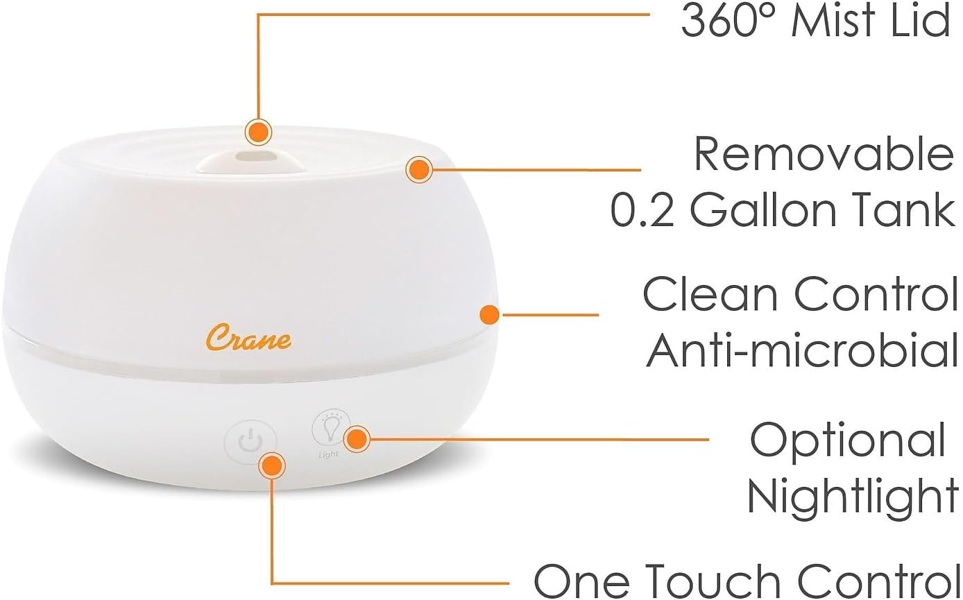 Crane Personal Ultrasonic Cool Mist Humidifier and Aroma Therapy Diffuser, for Home Bedroom Hotels Travel and Office, 0.2 Gallon, Filter Free, White - Image 4