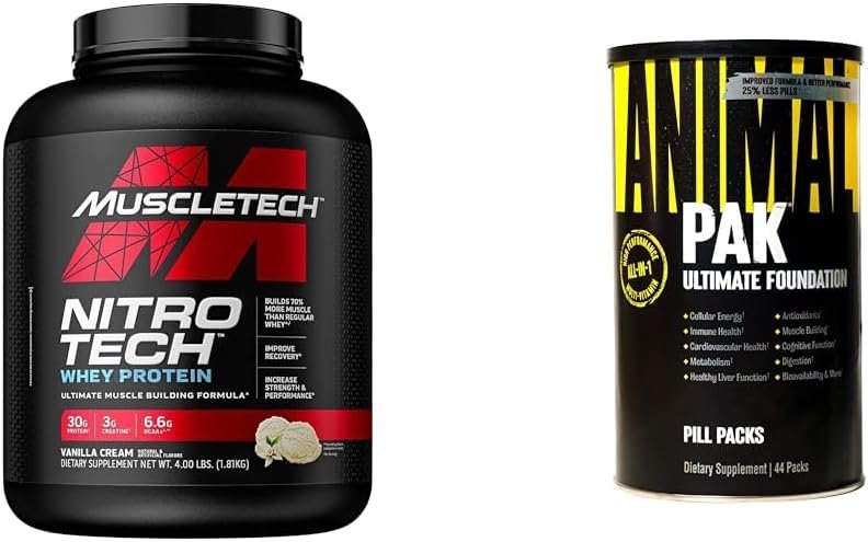 MuscleTech Whey Protein Powder, Nitro-Tech Whey Protein Isolate & Peptides, Protein + Creatine & Animal Pak - Convenient All-in-One Vitamin & Supplement Pack - Zinc, Vitamins C, B, D - Image 2