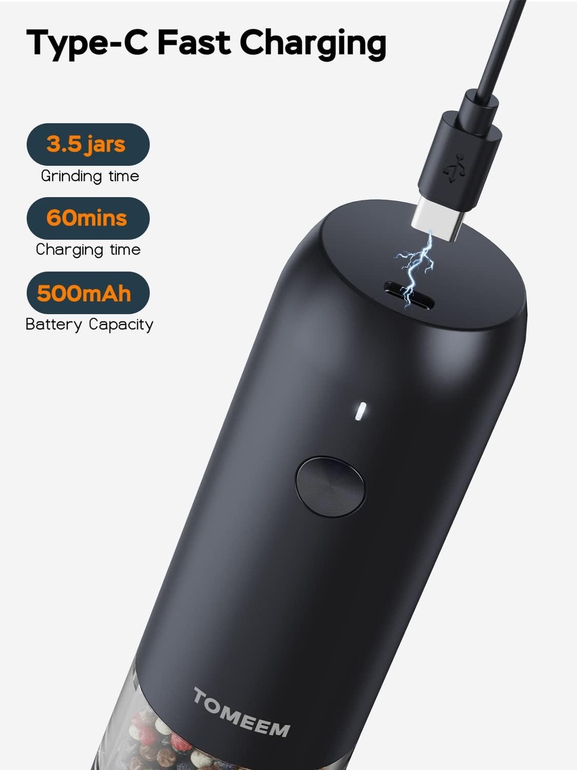 Upgraded Larger Capacity: Electric Salt and Pepper Grinder Set Rechargeable with LED lights - Stainless Steel Automatic Pepper and Salt Grinder Refillable with 6 Adjustable Coarseness - Image 5