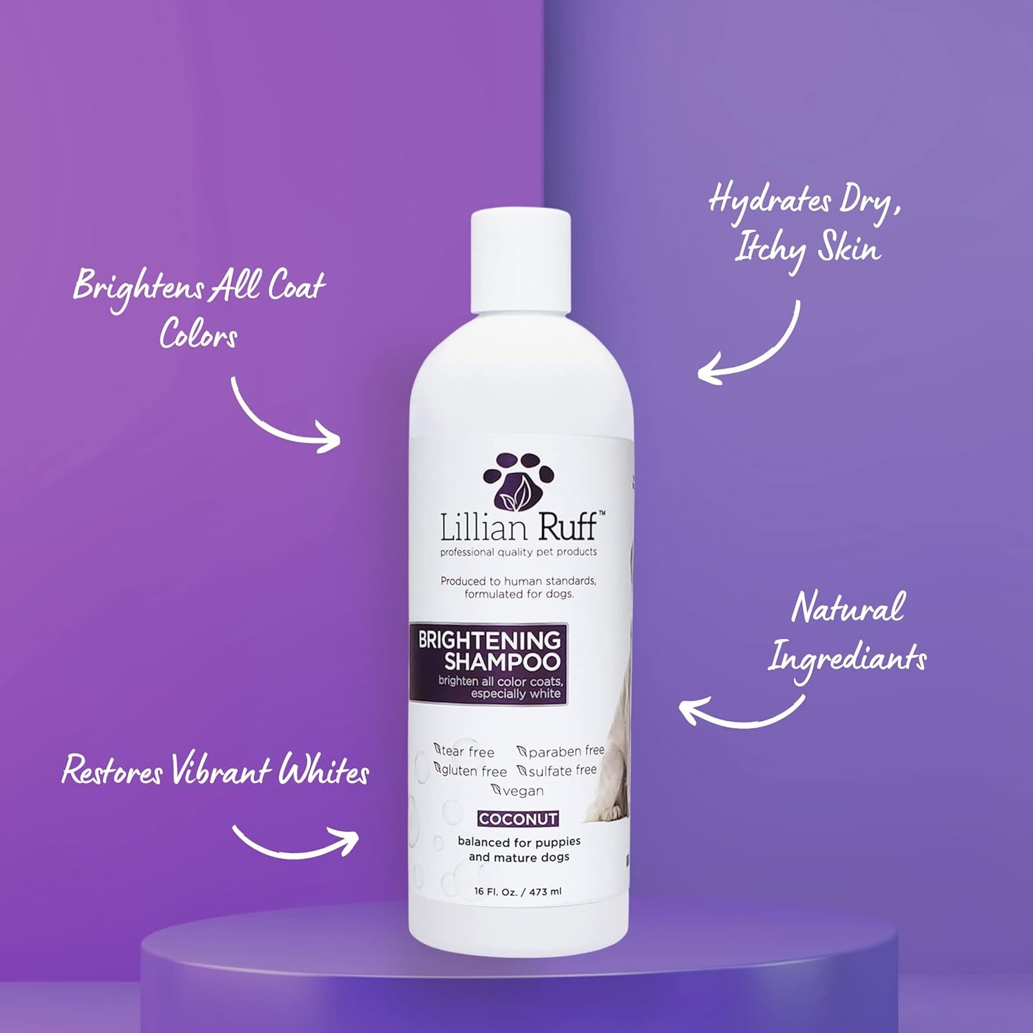 Lillian Ruff Ultra-Brightening Professional Whitening Shampoo for Dogs with Aloe & Coconut Oil for Dry Skin & Itch Relief - pH-Balanced Dog Whitening Shampoo Remove Stains, Yellowing, & Odor (16oz) - Image 4