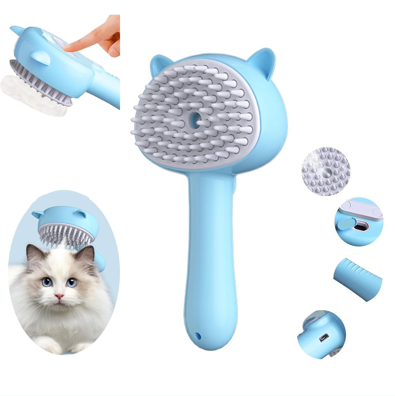 4 in 1 Steamy Pet Brush for Shedding - Rubber Misting Brush with Release Button for Long & Short Hair Cats and Dogs - Pet Grooming Tool (Blue) - Image 2