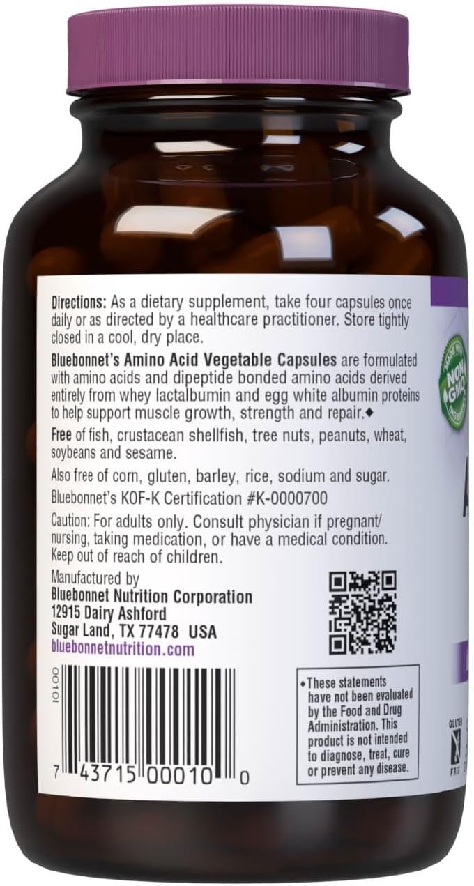 Bluebonnet Nutrition Amino Acid 750mg, High Potency, for Muscle Health*, Soy-Free, Gluten-Free, Non-GMO, Kosher Dairy, White 60 Vegetable Capsules, 15 Servings - Image 4