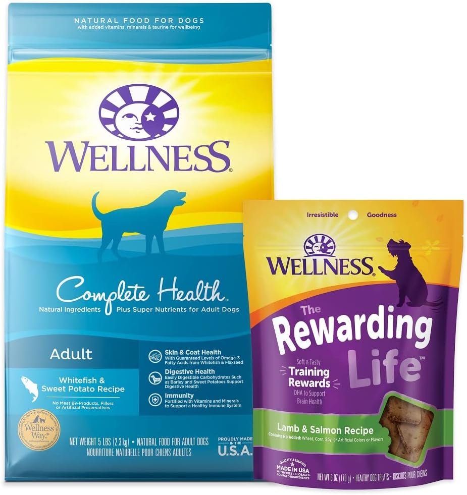 Wellness Dog Food and Treats Trial Bundle: Complete Health Dry Food, Whitefish 5lb & Rewarding Life Soft Treats, Lamb and Salmon - Image 2